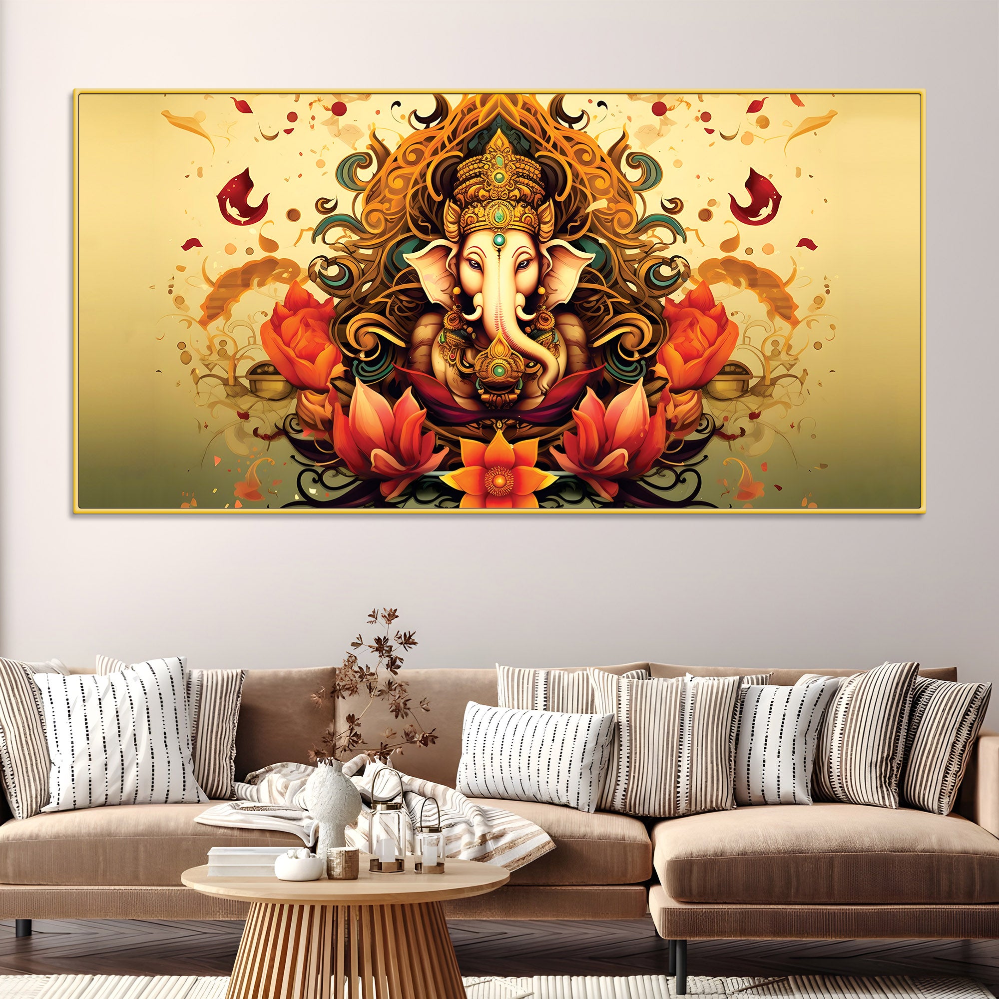 Divine Lord Shri Ganesha in Spiritual Lotus Flowers Artistic Canvas Wall Painting for Home & Office Decor – Modern Devotional Wall Art