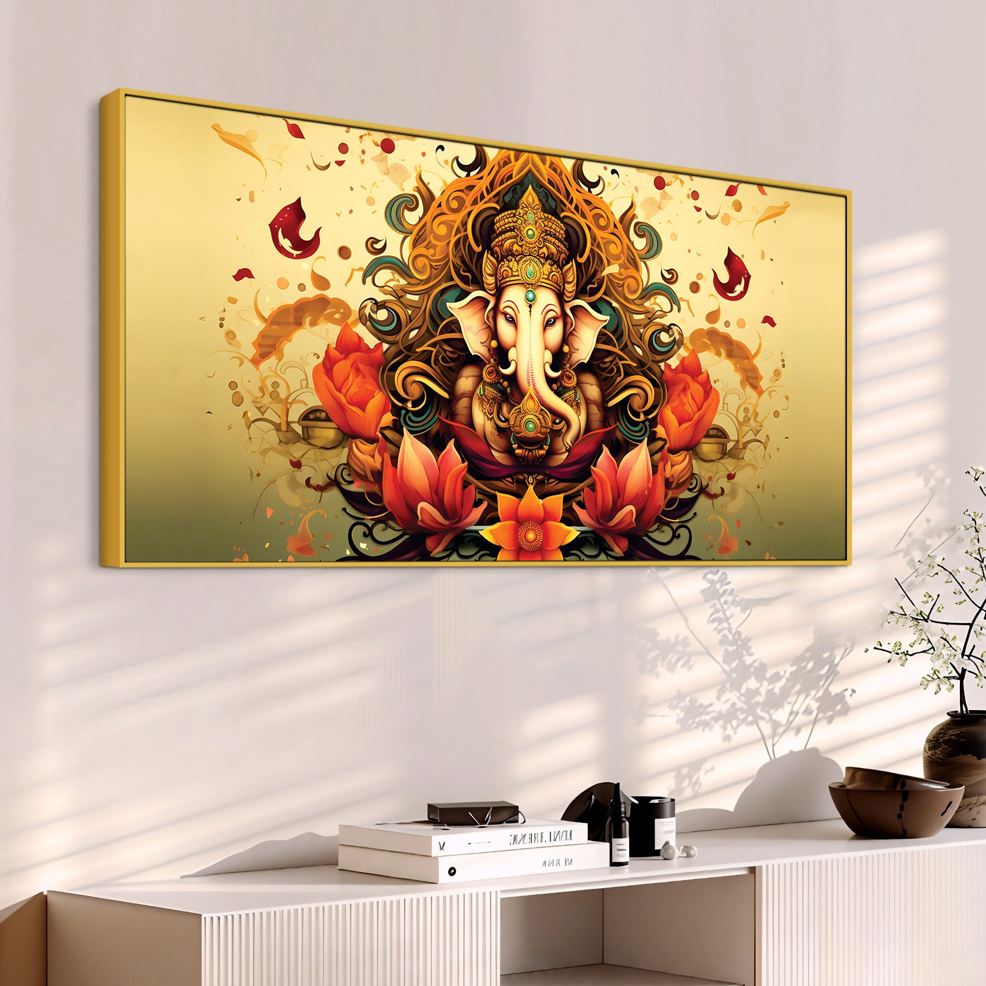 Divine Lord Shri Ganesha in Spiritual Lotus Flowers Artistic Canvas Wall Painting for Home & Office Decor – Modern Devotional Wall Art