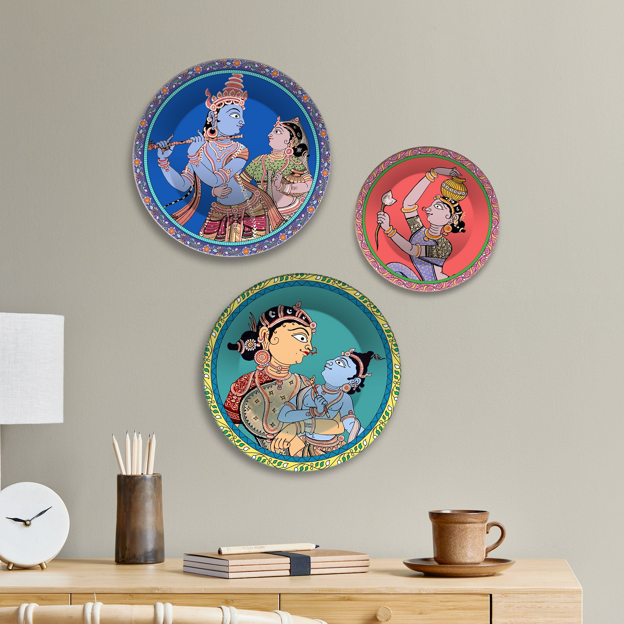 Divine Love Krishna Leela Premium Wall Plates Painting Set of 3