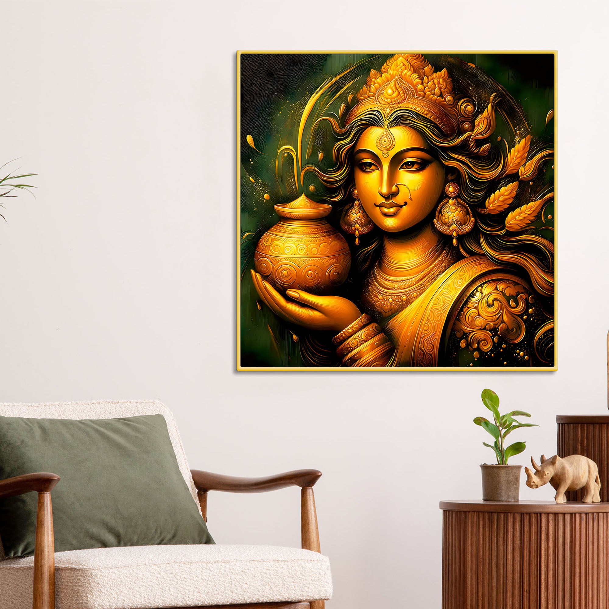 Divine Maa Lakshmi Golden Portrait Premium Painting
