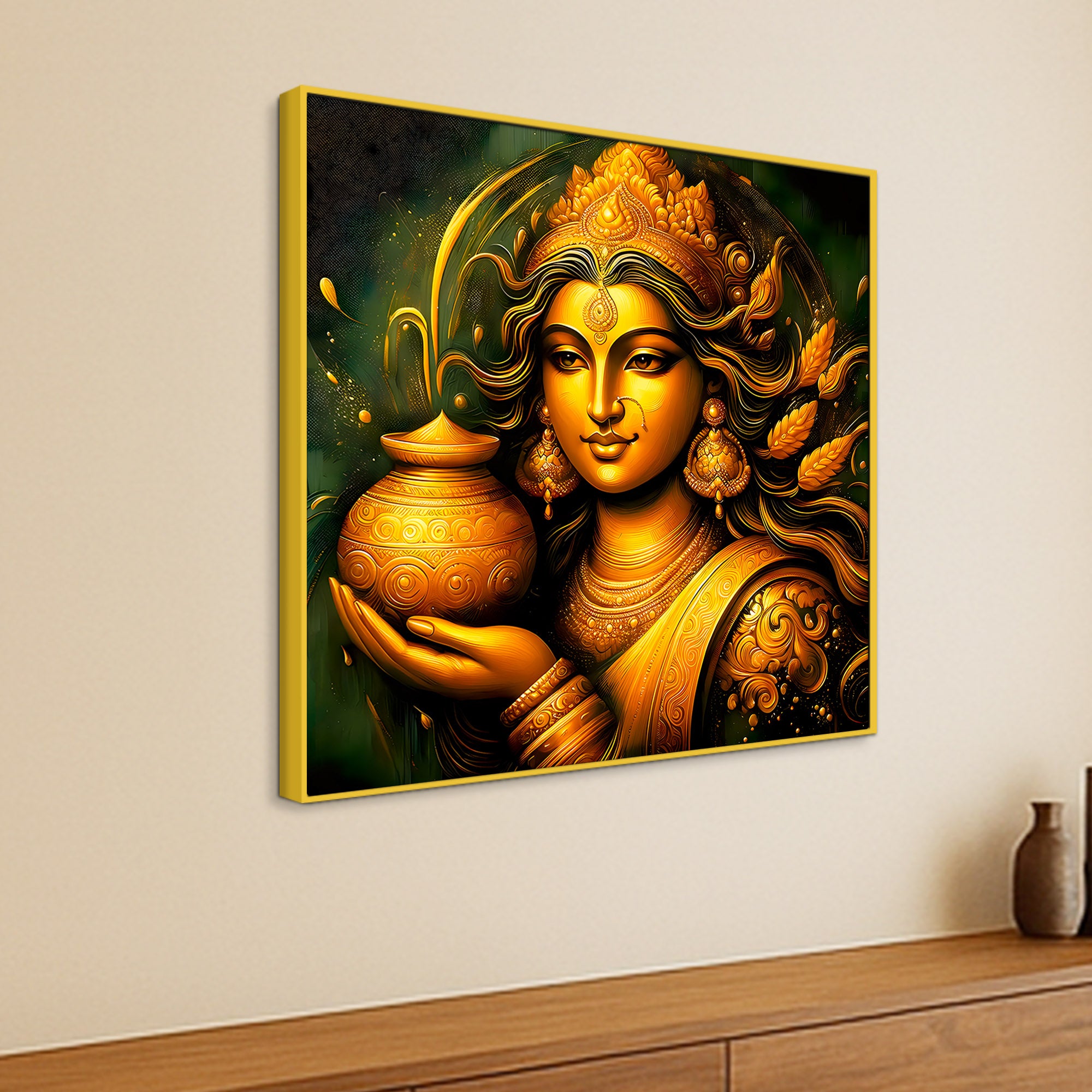 Divine Maa Lakshmi Golden Portrait Premium Painting