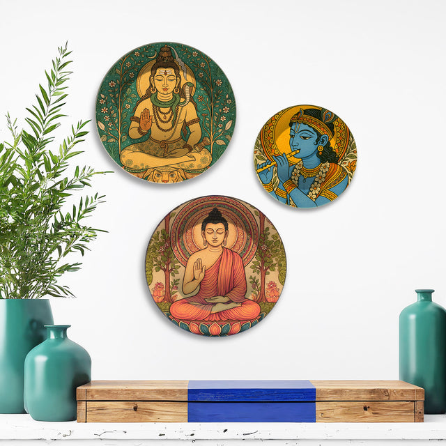 Divine Shiva Krishna & Buddha Premium Wall Plates Painting Set of 3