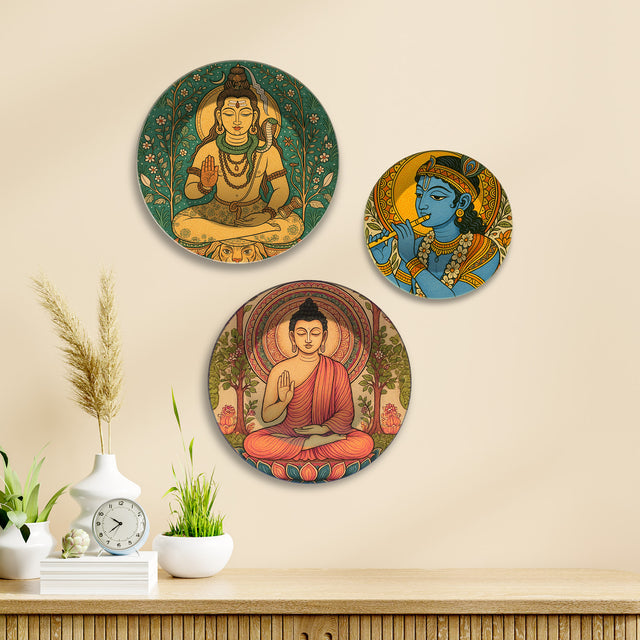 Divine Shiva Krishna & Buddha Premium Wall Plates Painting Set of 3