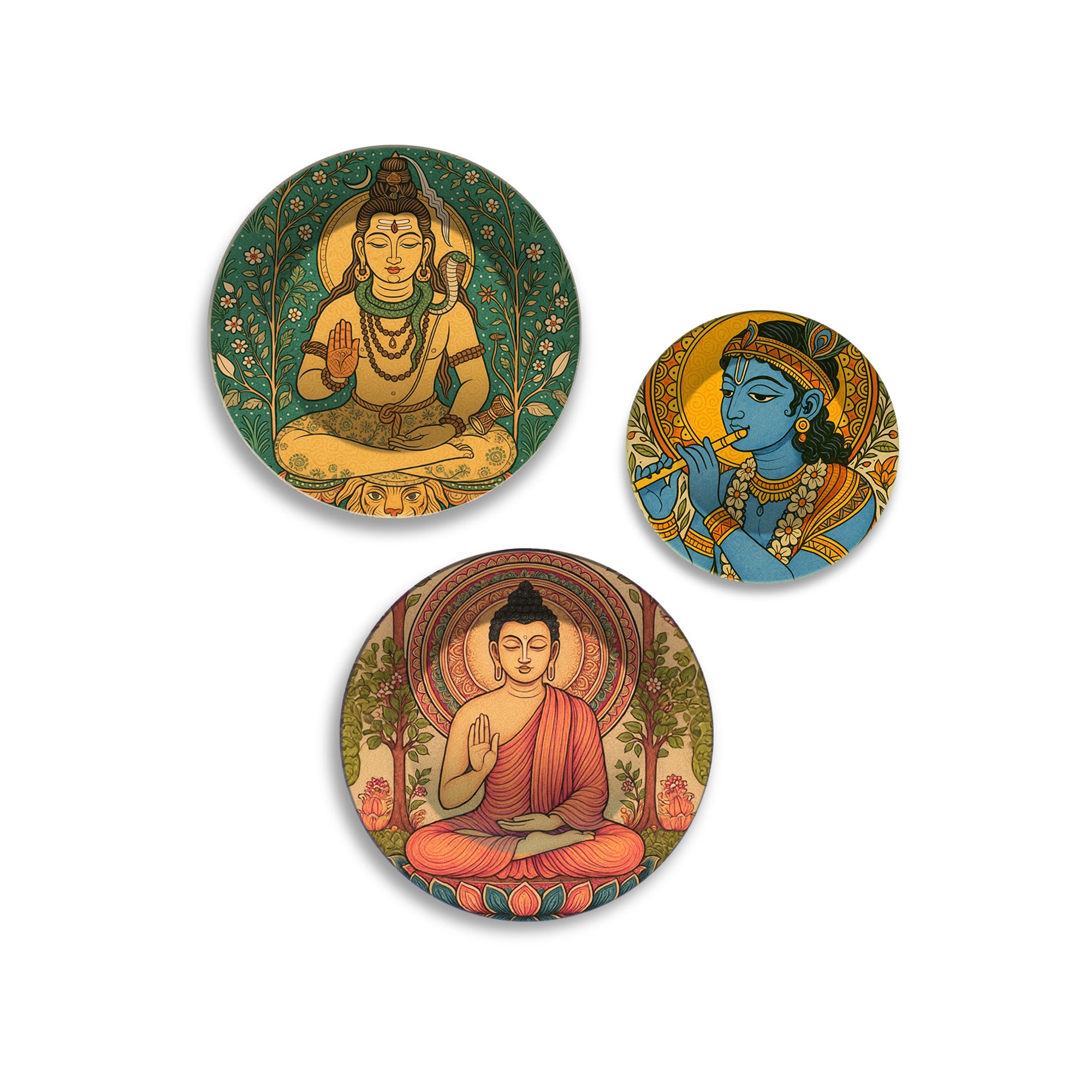 Divine Shiva Krishna & Buddha Premium Wall Plates Painting Set of 3