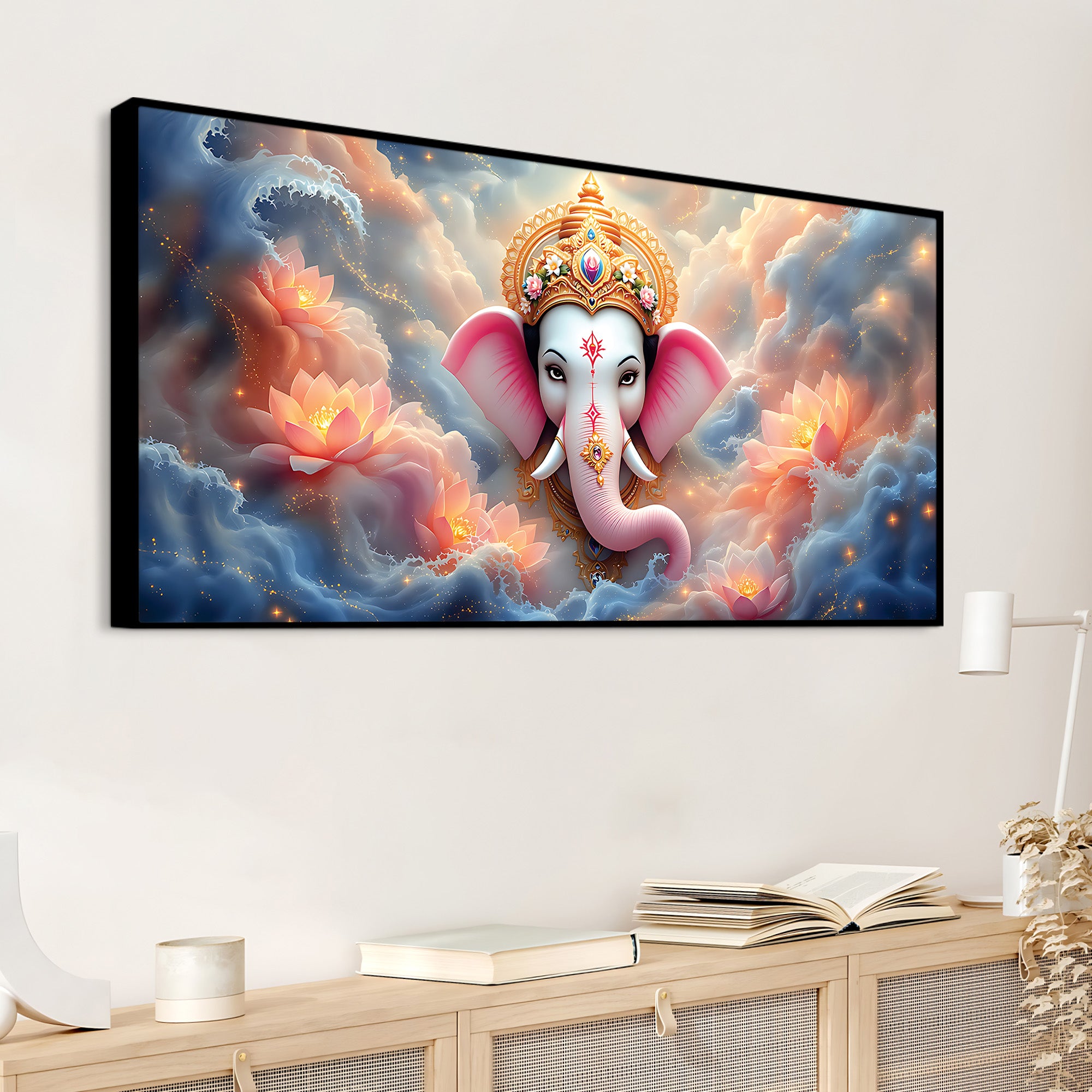 Divine Shri Ganesha in Celestial Clouds & Pink Lotus Marvellous Canvas Wall Painting for Home & Office Decor – Modern Devotional Wall Art