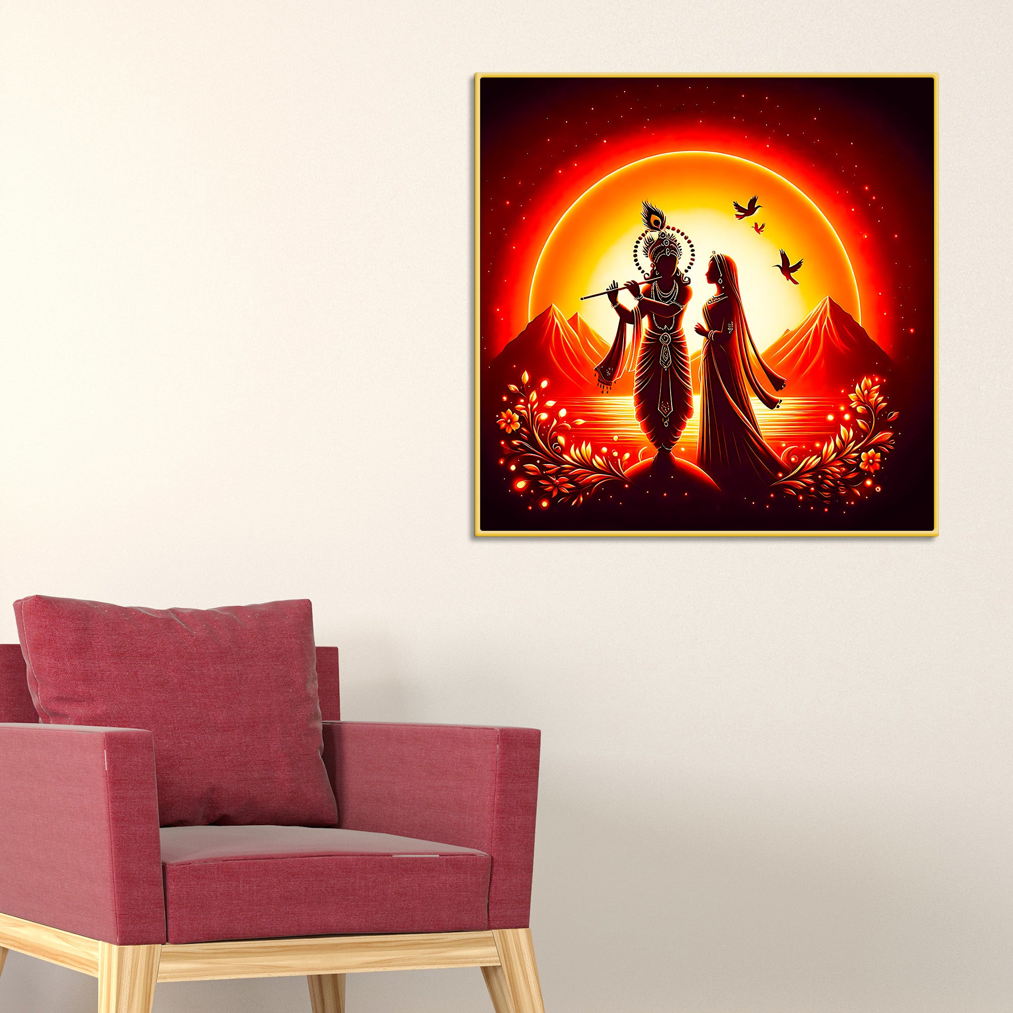 Divine Shri Radha Krishna Sunset Silhouette Wall Painting for Home Interior – Modern Devotional Canvas Wall Art