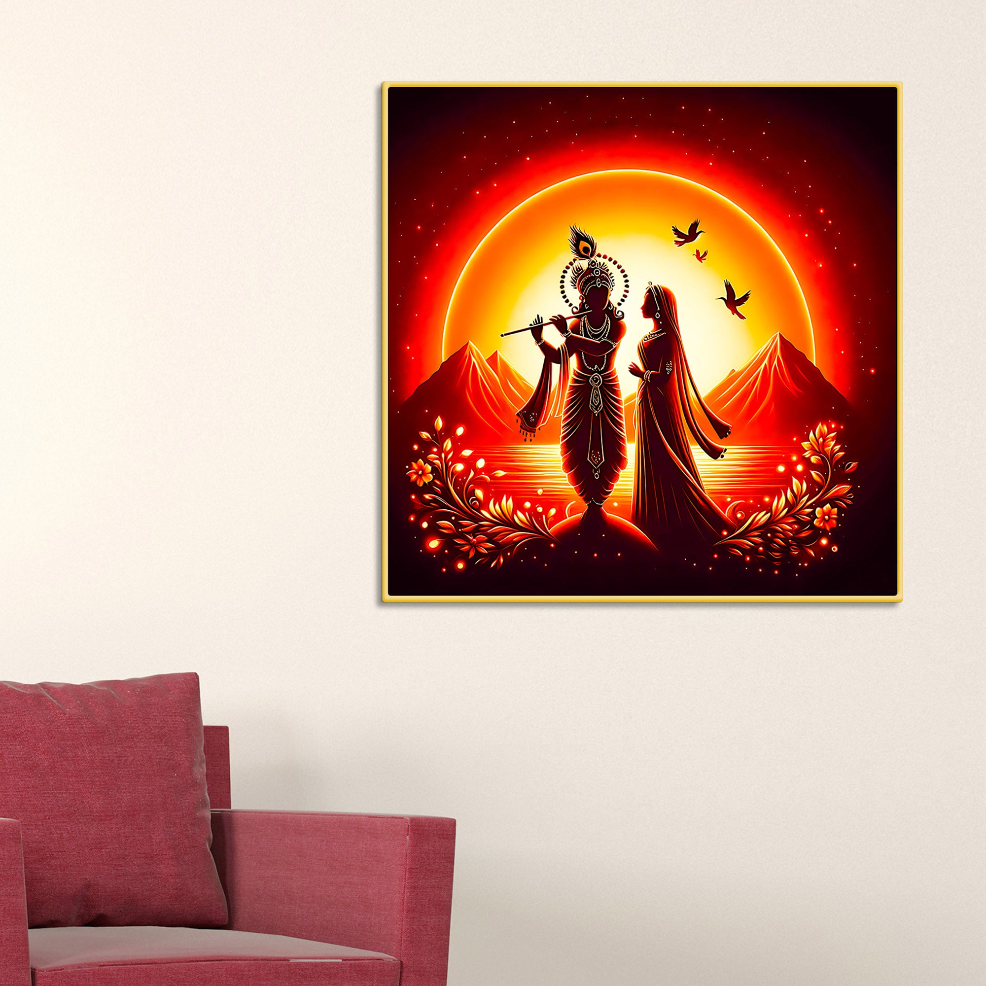 Divine Shri Radha Krishna Sunset Silhouette Wall Painting for Home Interior – Modern Devotional Canvas Wall Art