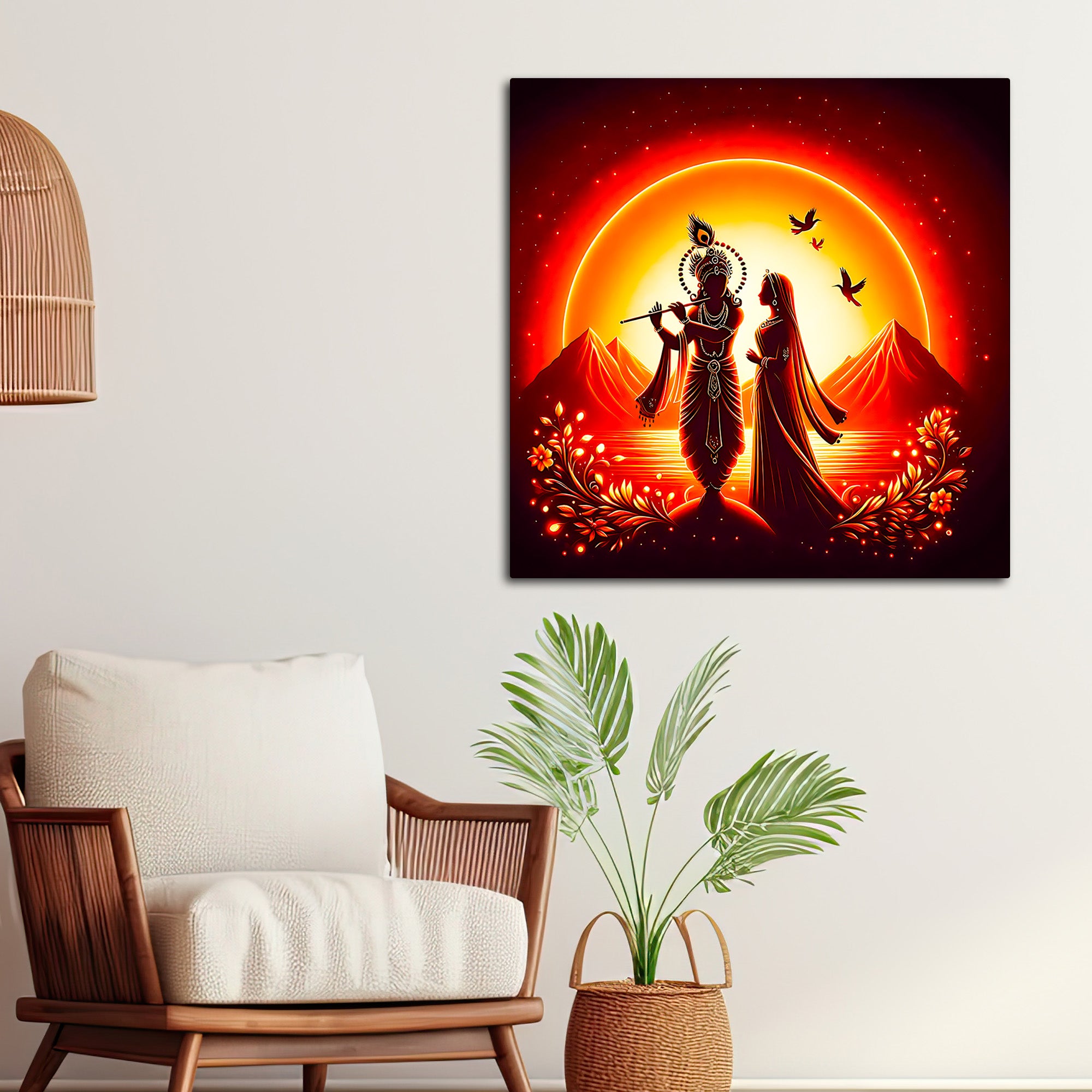 Divine Shri Radha Krishna Sunset Silhouette Wall Painting for Home Interior – Modern Devotional Canvas Wall Art