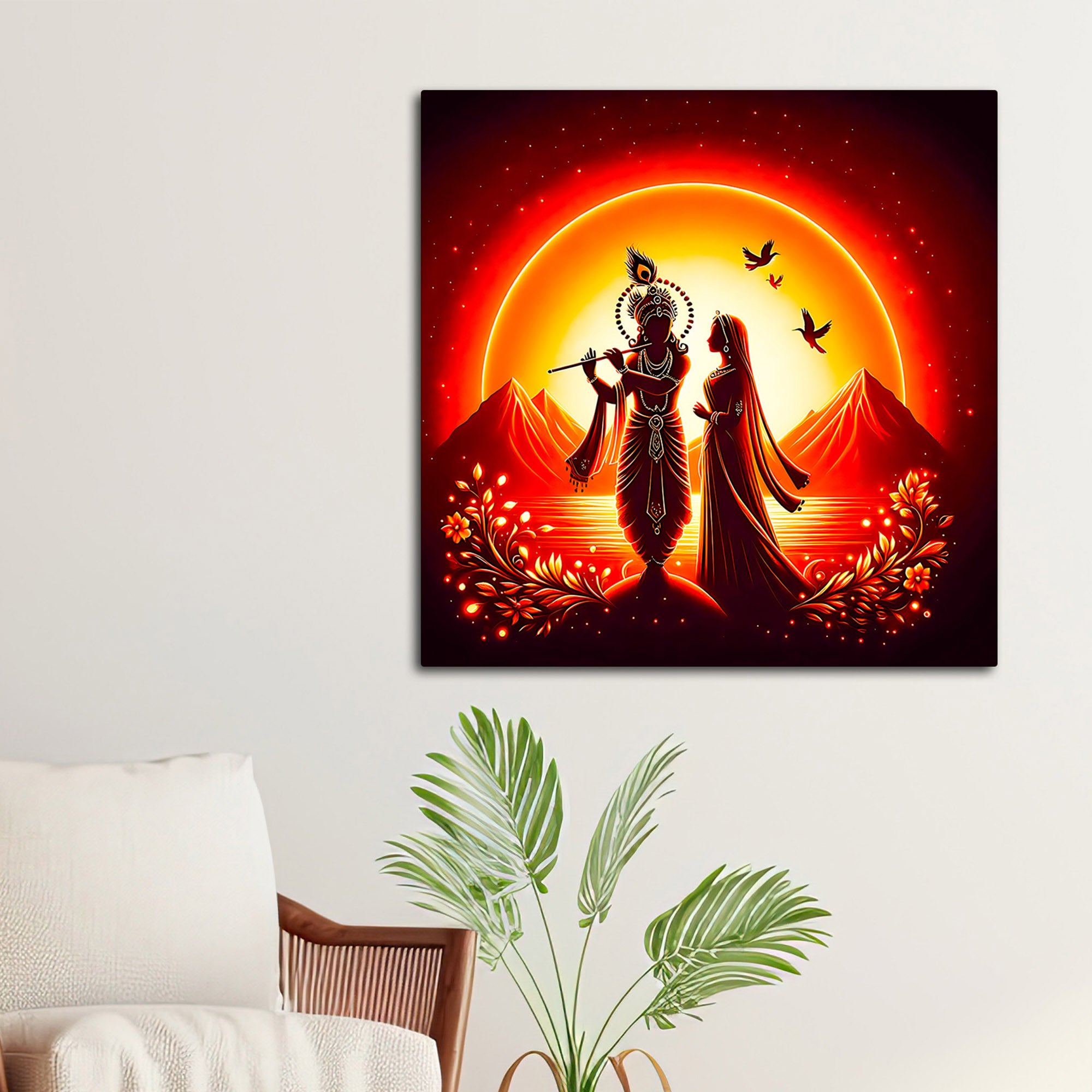 Divine Shri Radha Krishna Sunset Silhouette Wall Painting for Home Interior – Modern Devotional Canvas Wall Art