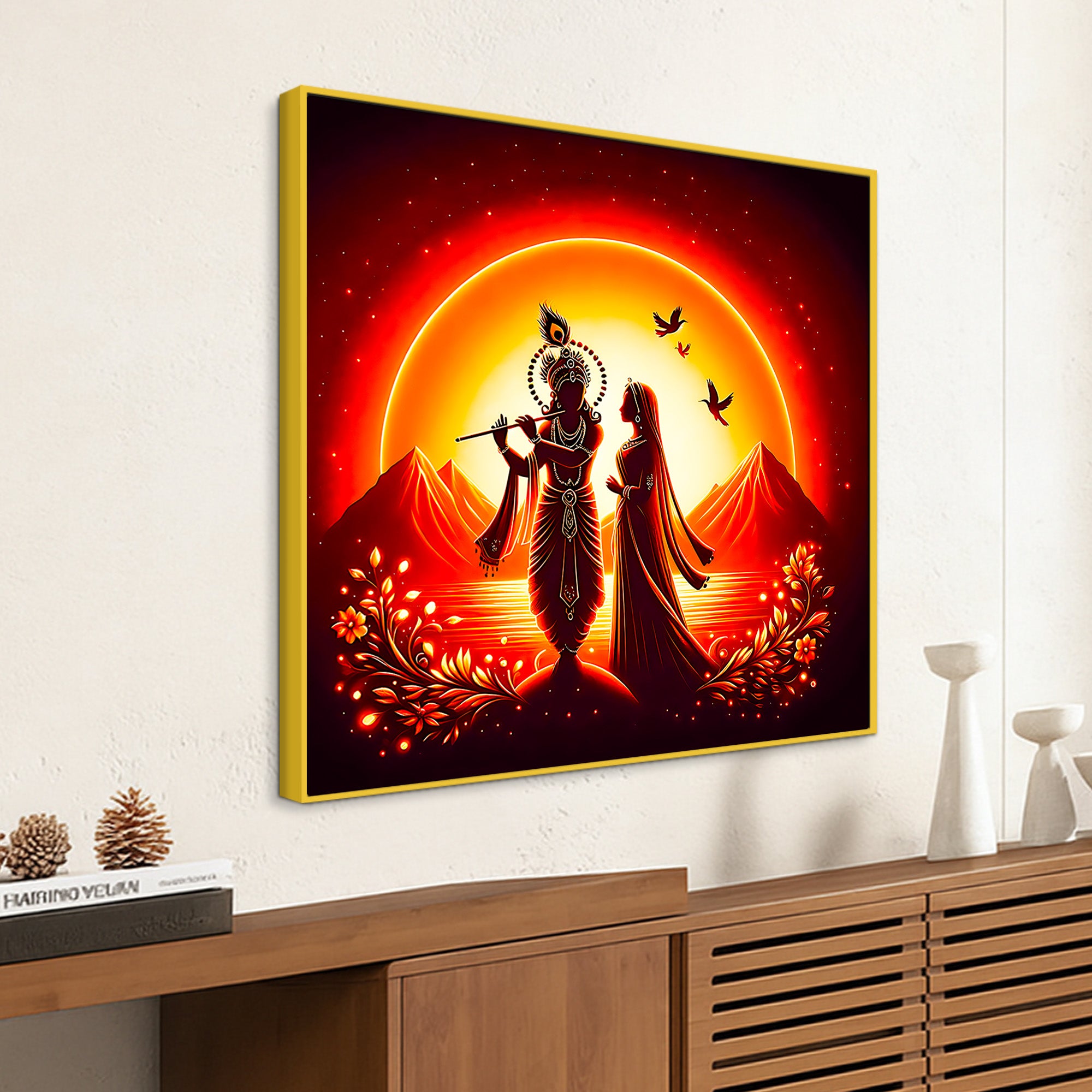 Divine Shri Radha Krishna Sunset Silhouette Wall Painting for Home Interior – Modern Devotional Canvas Wall Art