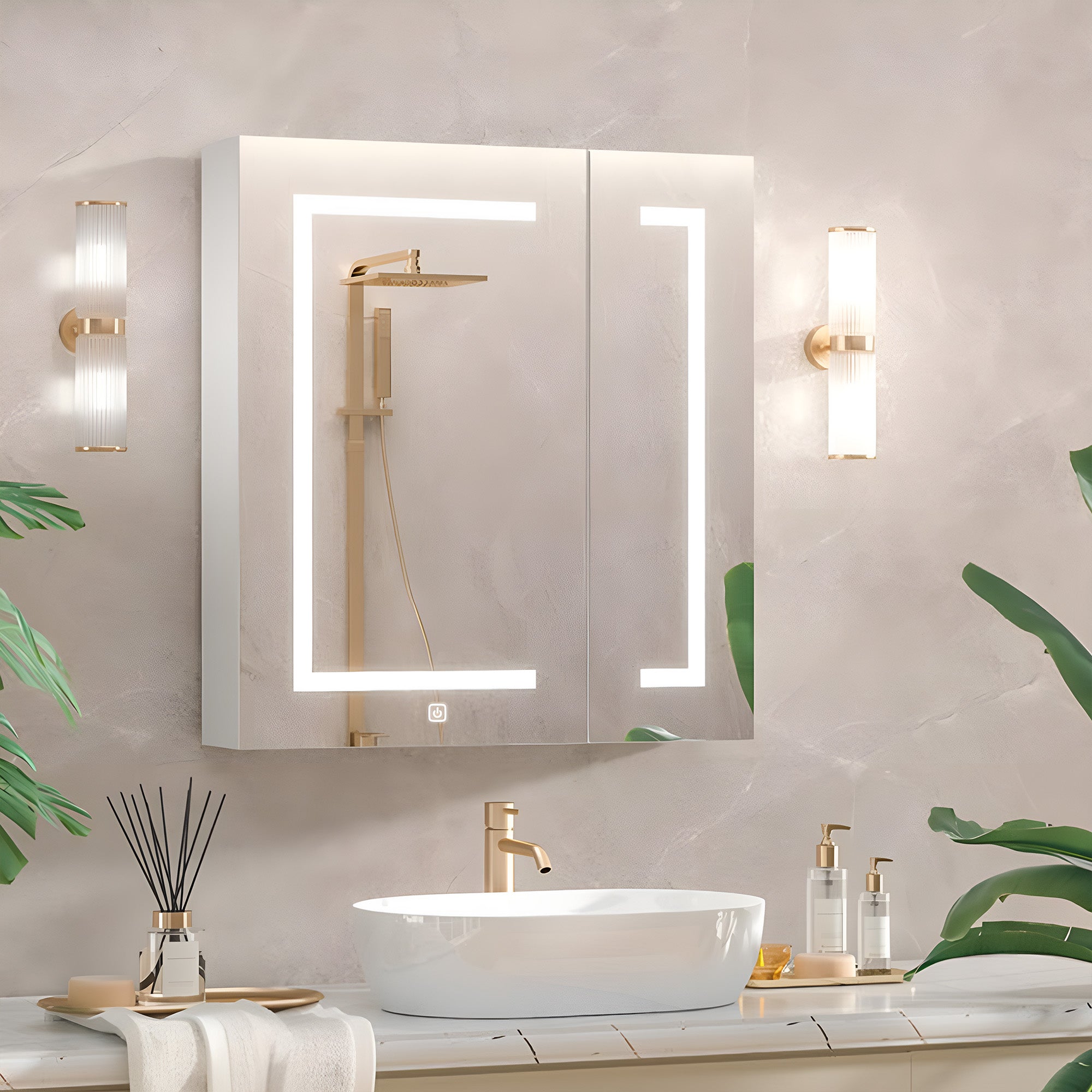Elegant Bathroom Cabinet Mirror with Gold Accents and Dual LED Panels