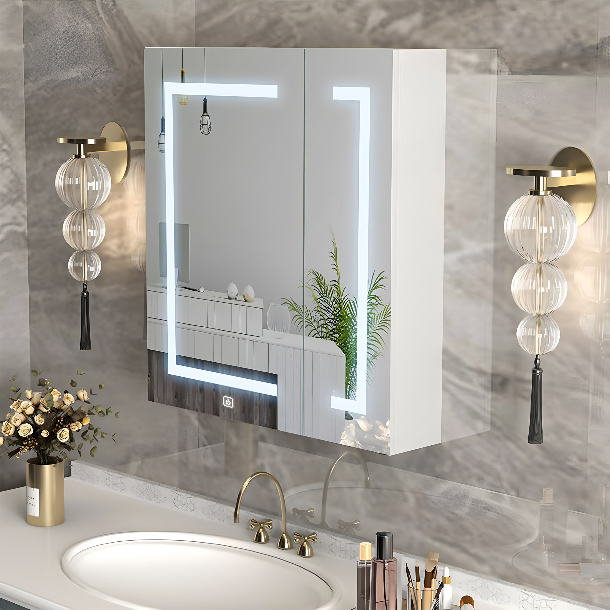 Elegant Bathroom Cabinet Mirror with Gold Accents and Dual LED Panels