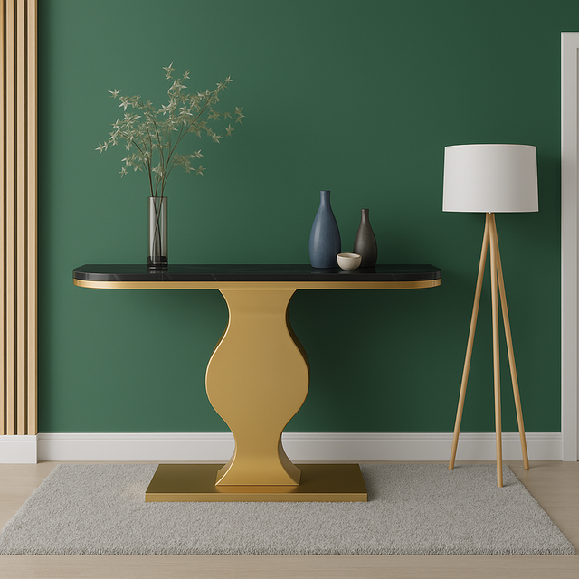 Elegant Curvy Gold Console Table with Sleek Black Marble Top