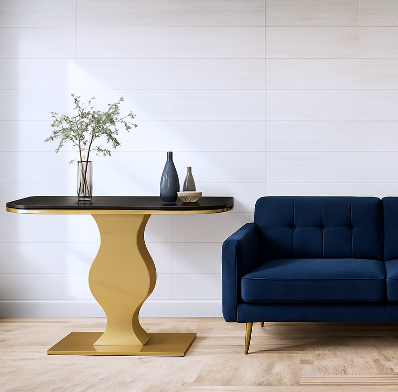 Elegant Curvy Gold Console Table with Sleek Black Marble Top