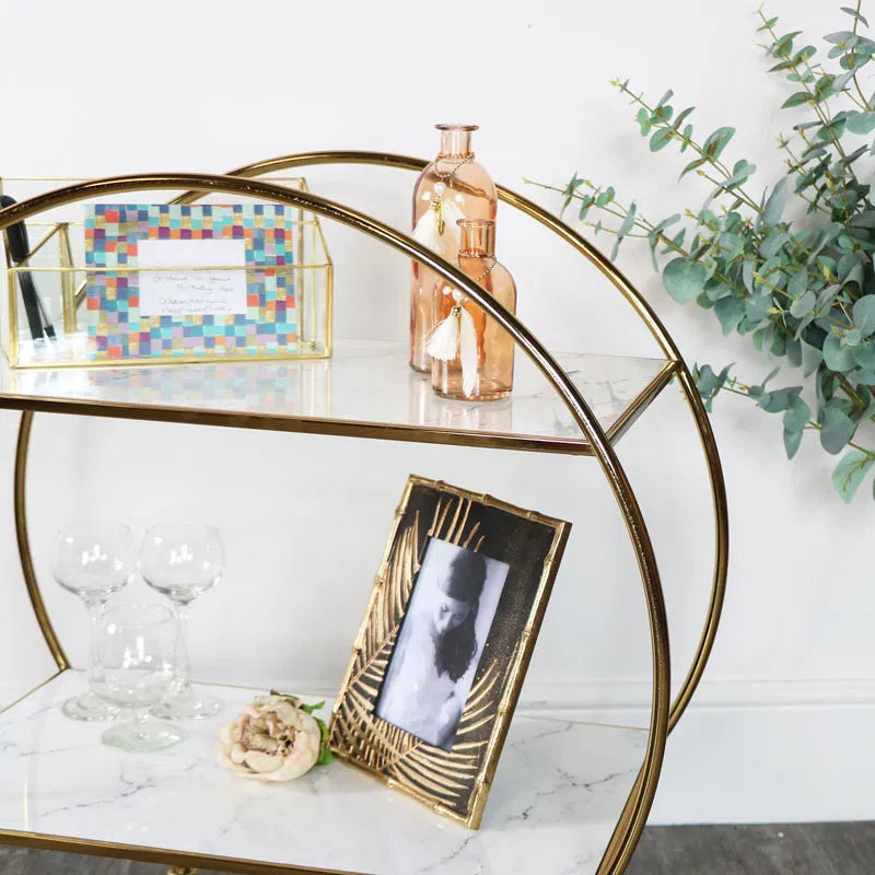 Elegant Gold & Marble Round Bar Cart Drinks Trolley