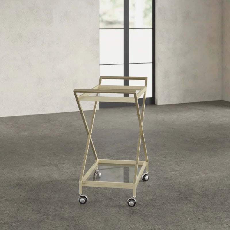 Elegant Golden Finish Drink Cart with Crossed Metal Frame