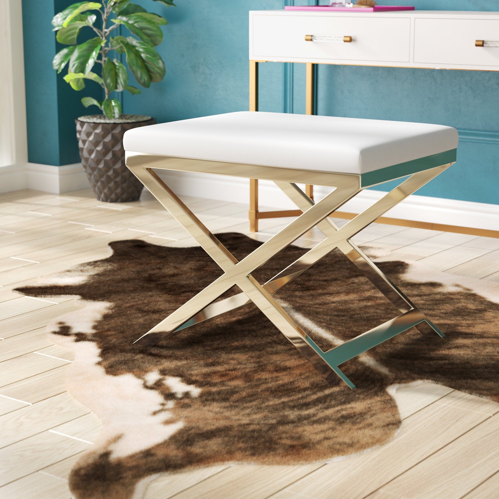 Elegant Grey Metal Finish Stool Featuring White Upholstered Seat