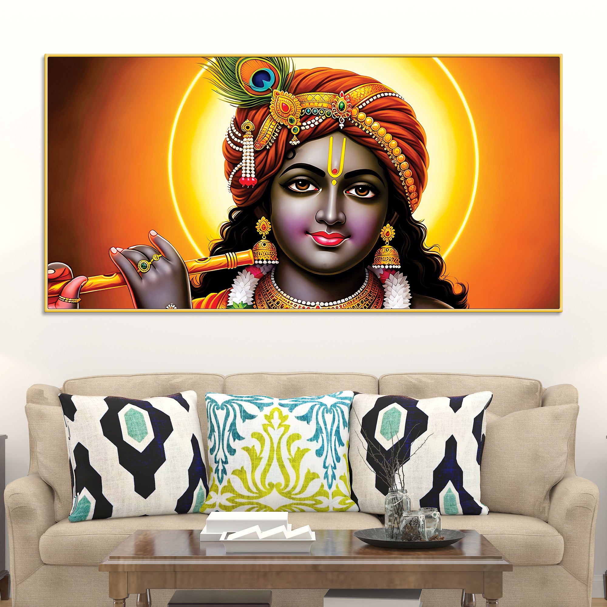 Elegant Lord Krishna Spiritual Canvas Painting for Living Room