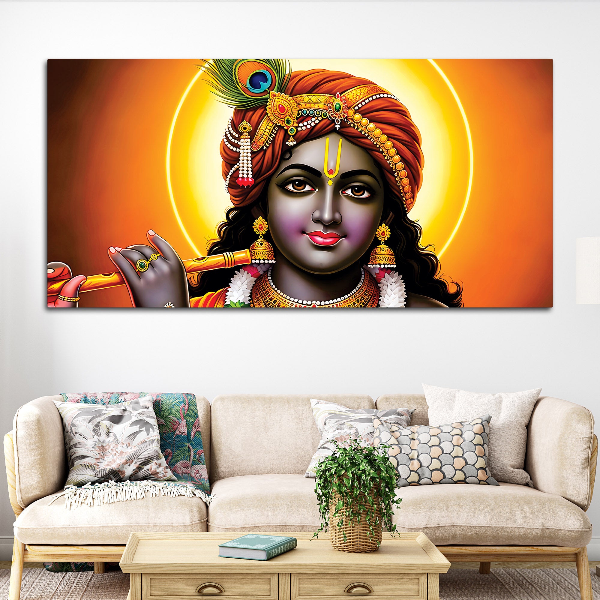 Elegant Lord Krishna Spiritual Canvas Painting for Living Room