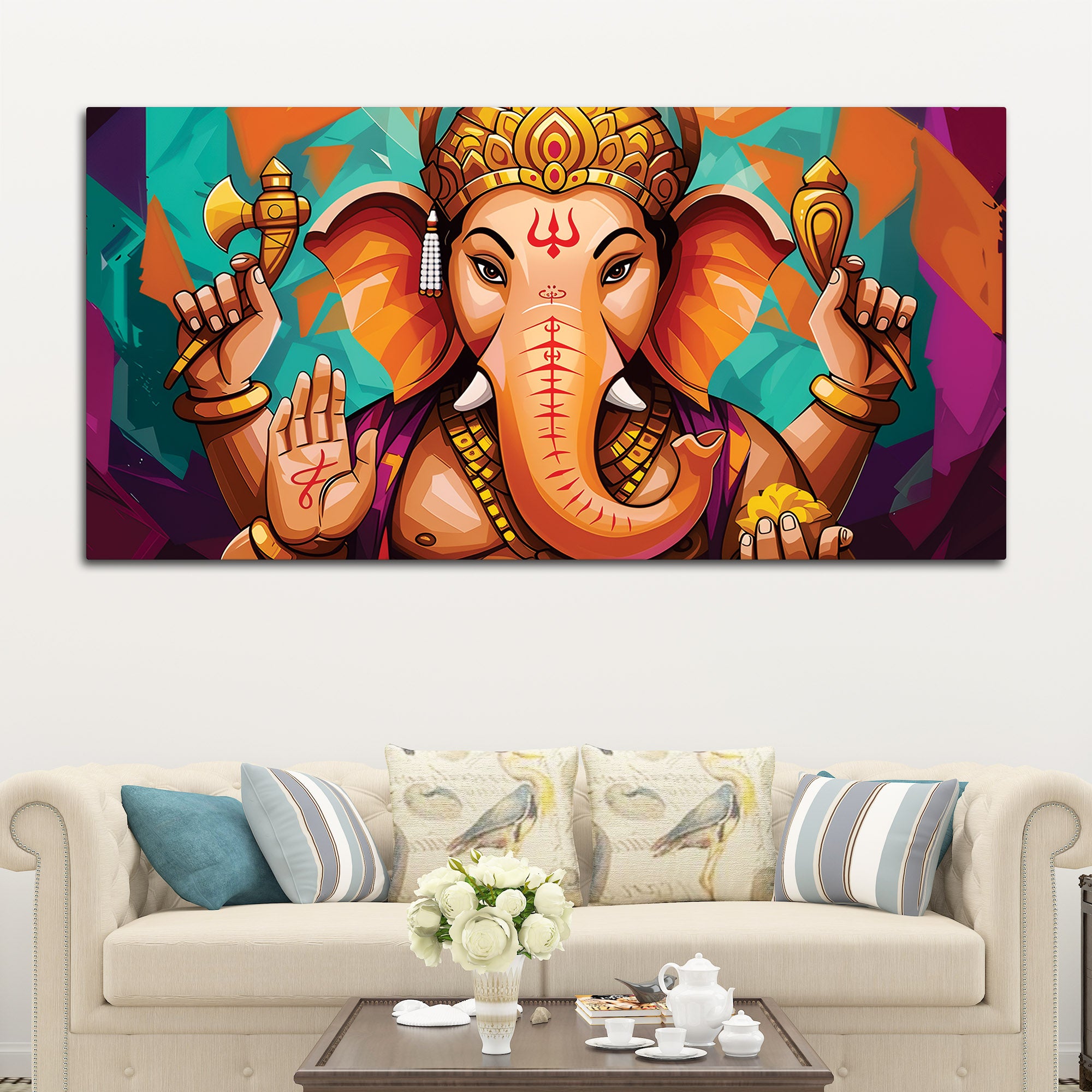 Elegant Lord Shri Ganesha Abstract Colorful Canvas Wall Painting – Contemporary Indian Spiritual Wall Art