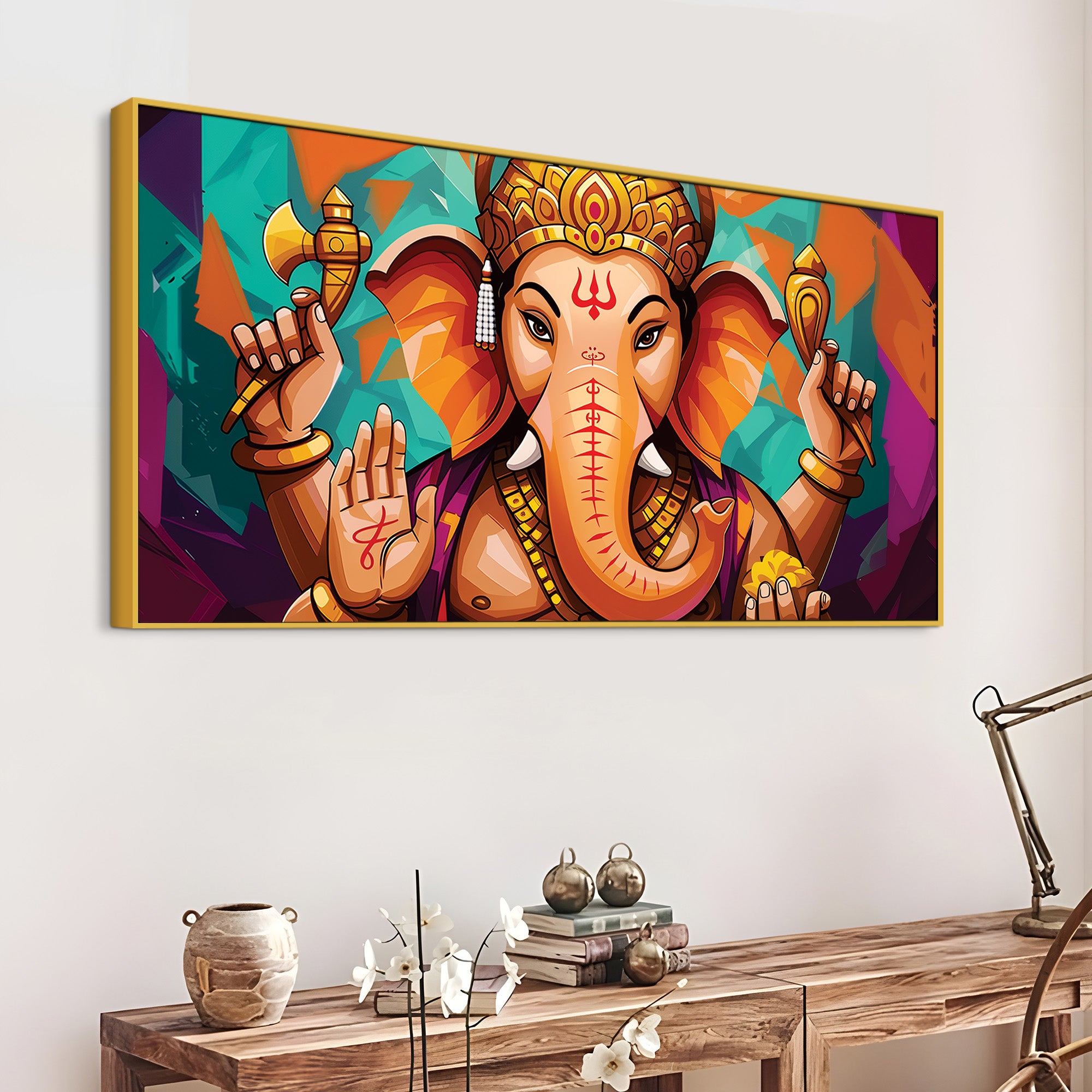 Elegant Lord Shri Ganesha Abstract Colorful Canvas Wall Painting – Contemporary Indian Spiritual Wall Art