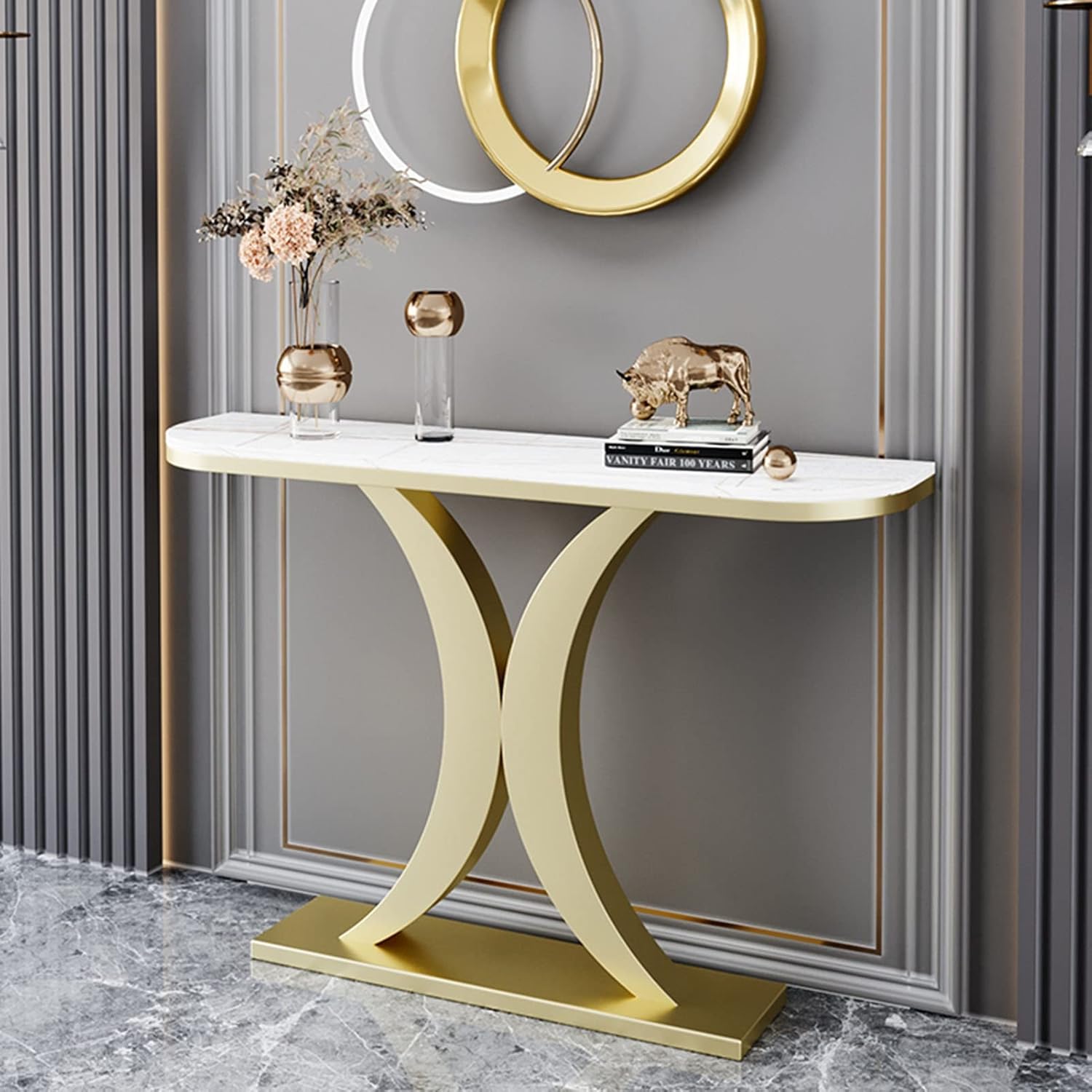 Elegant Marble Console Table with Curved Gold Metal Base