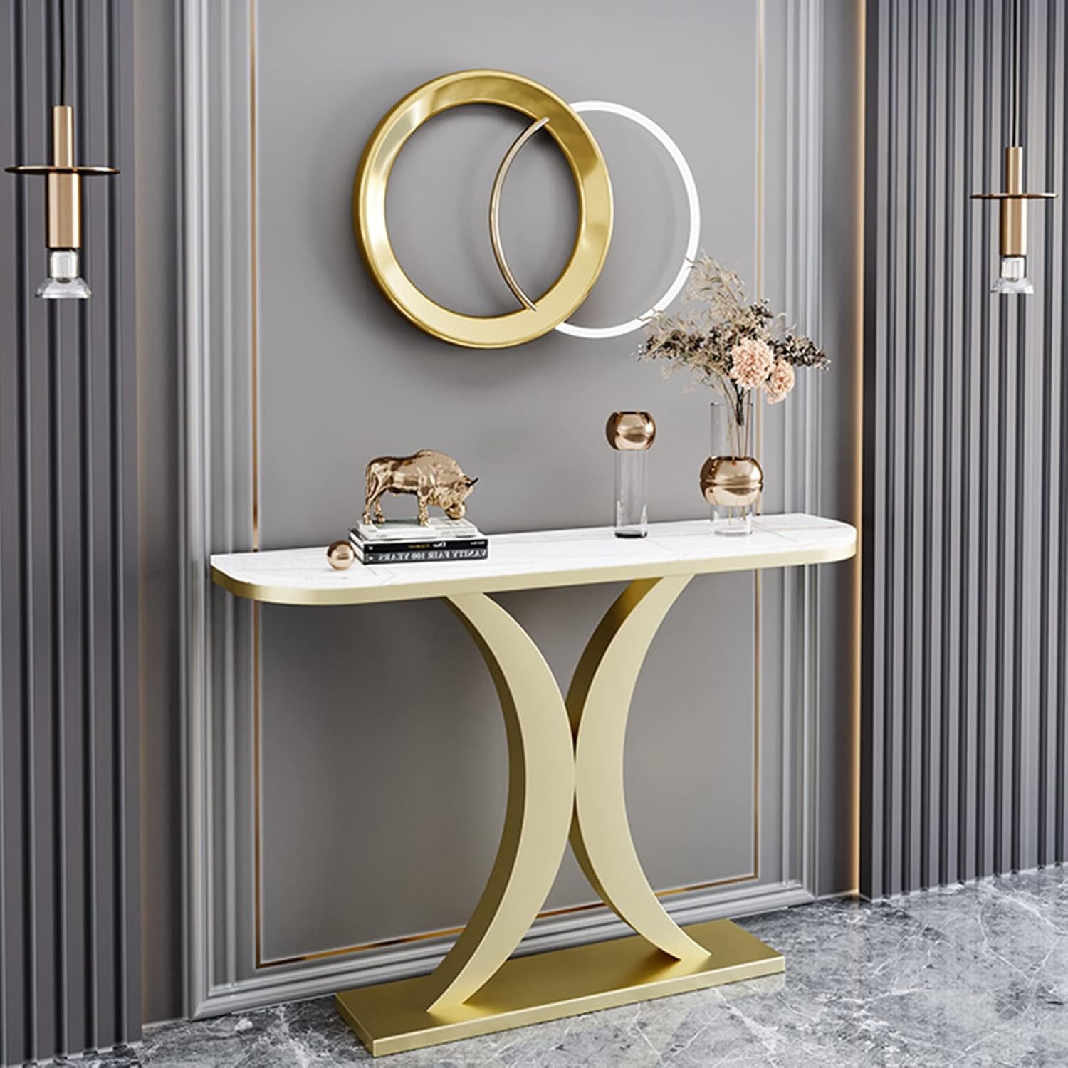 Elegant Marble Console Table with Curved Gold Metal Base