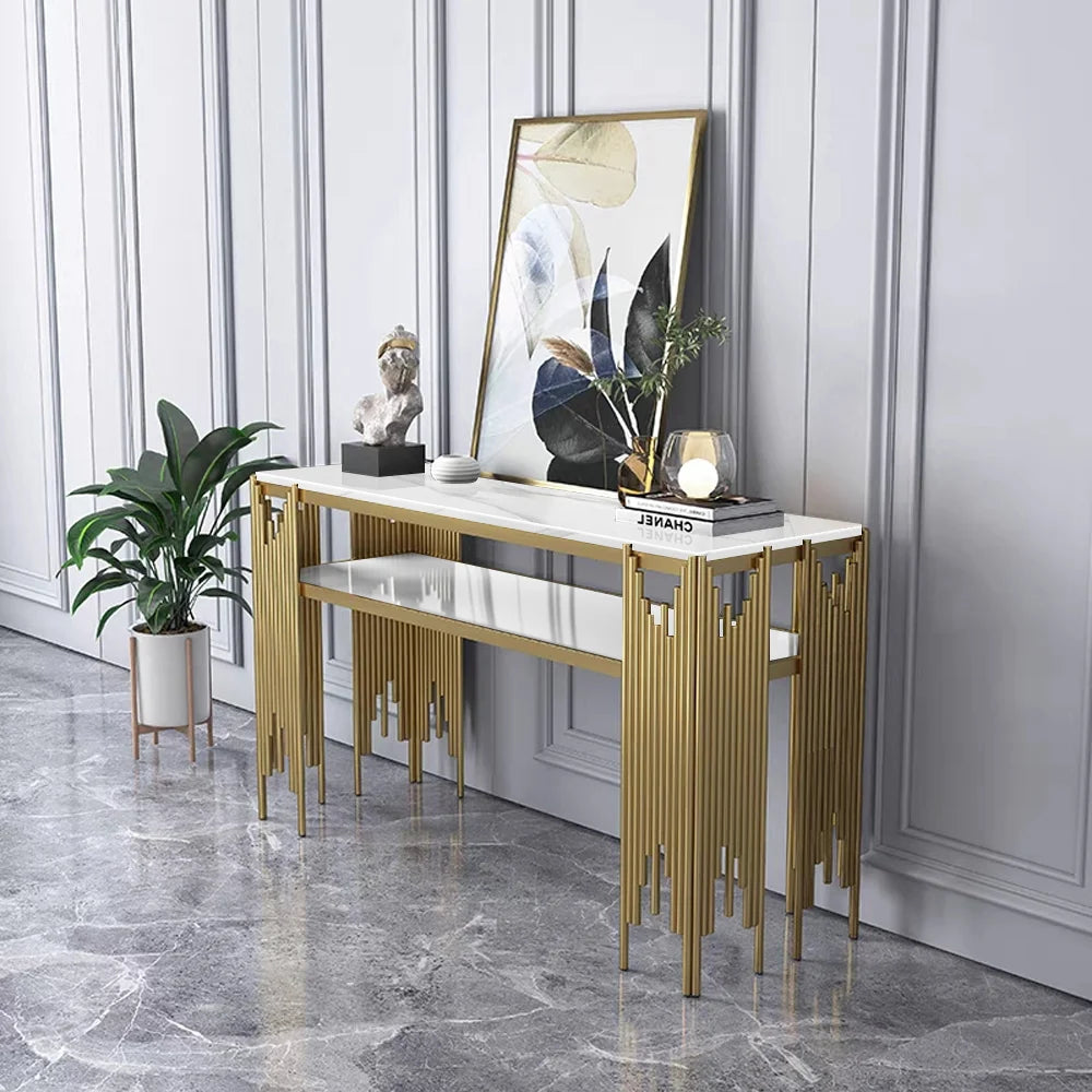 Elegant Marble Console Table with Metallic Gold Fringe Base
