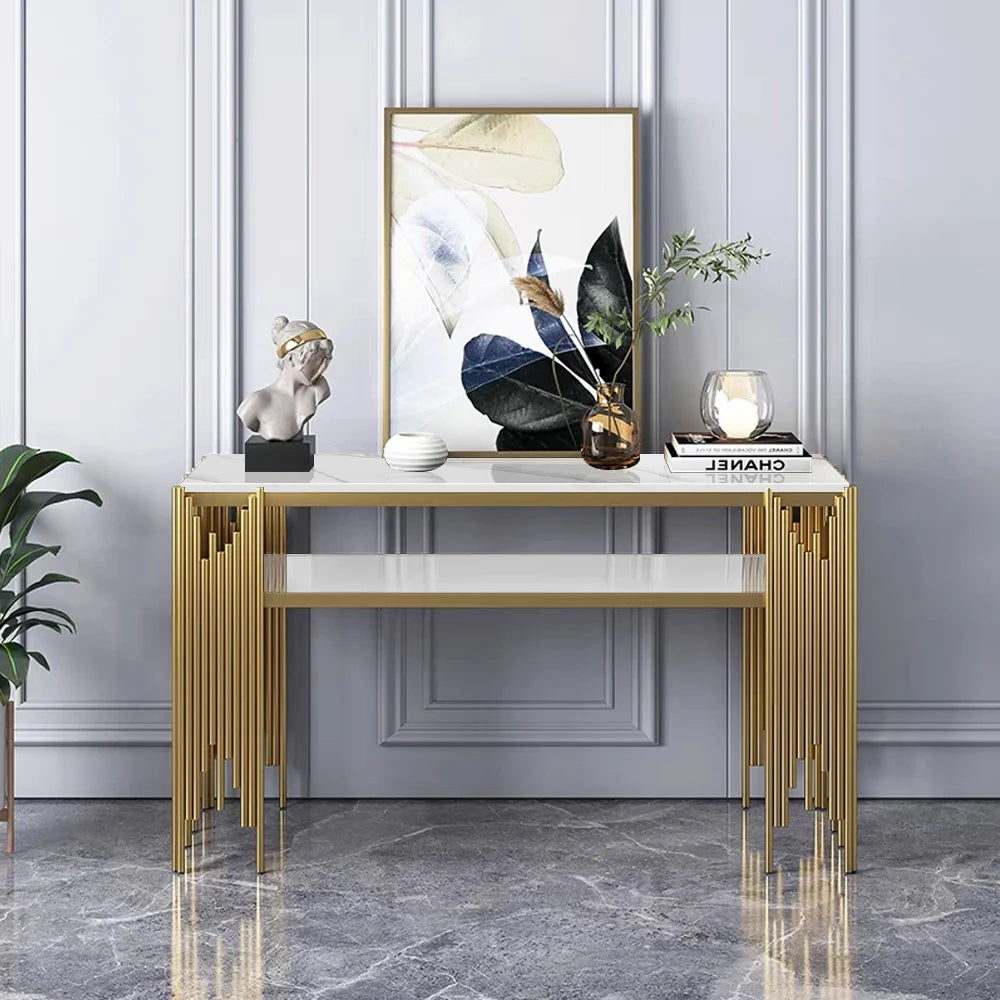 Elegant Marble Console Table with Metallic Gold Fringe Base