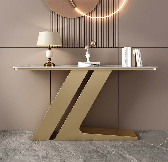 Elegant Marble Console Table with Unique Gold Geometric Base