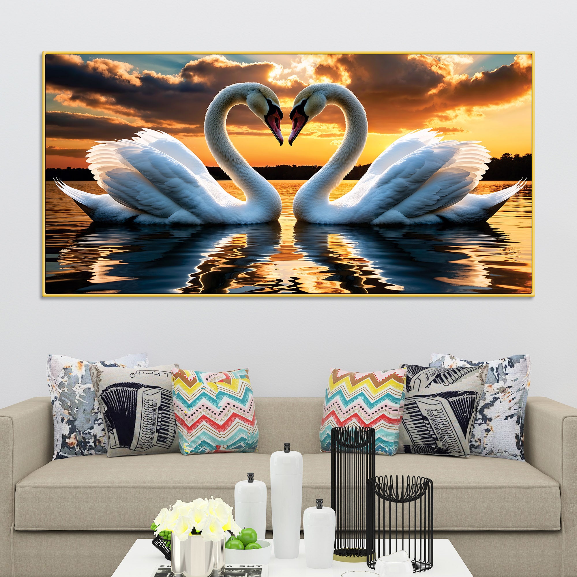 Elegant Swan Couple Wall Painting for Luxury Home Décor