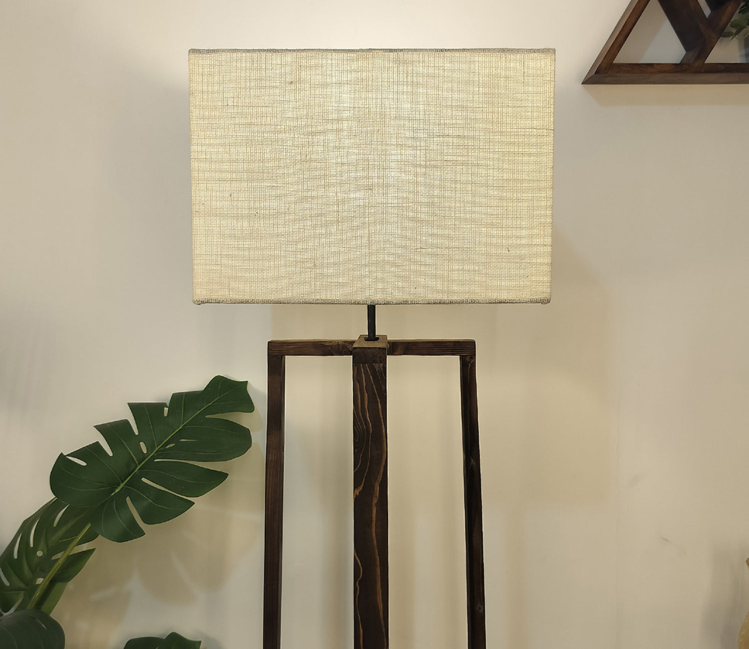 Elegant Wooden Floor Lamp with Brown Base and Beige Color Fabric
