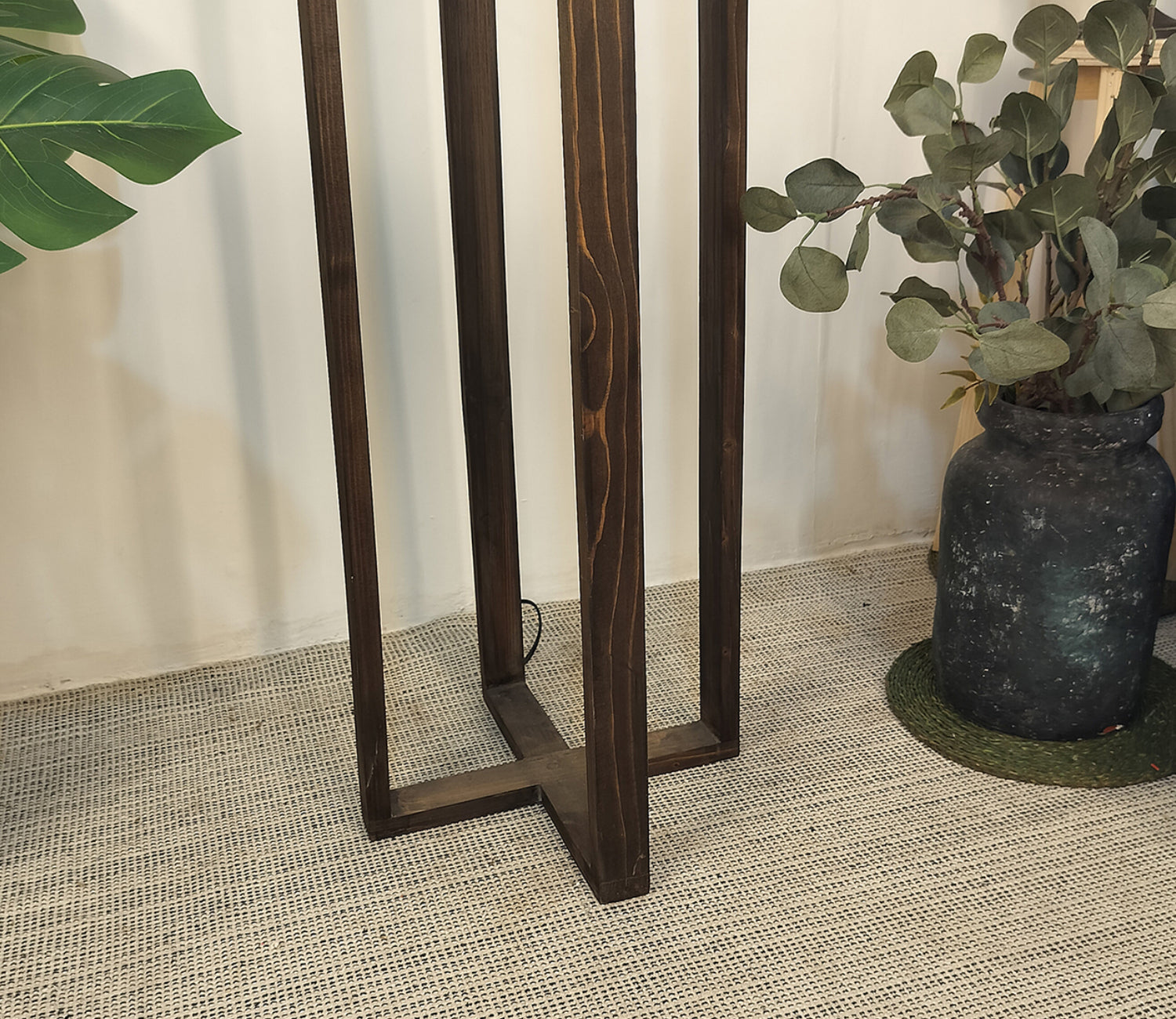 Elegant Wooden Floor Lamp with Brown Base and Beige Color Fabric