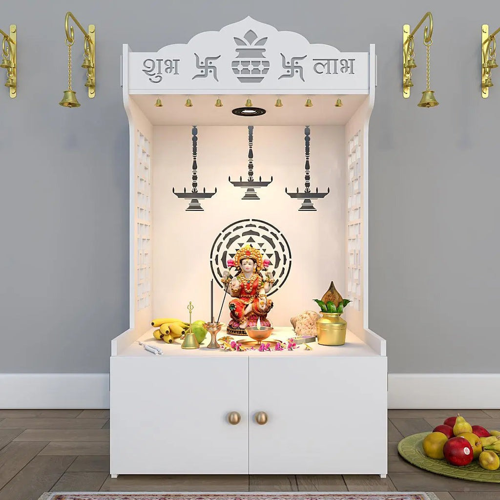 Elegant Wooden Floor Pooja Mandir with Laser-Cut Design with Storage Cabinet