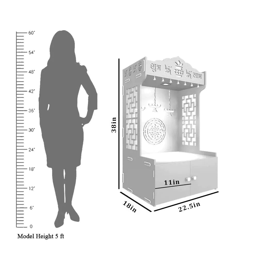 Elegant Wooden Floor Pooja Mandir with Laser-Cut Design with Storage Cabinet