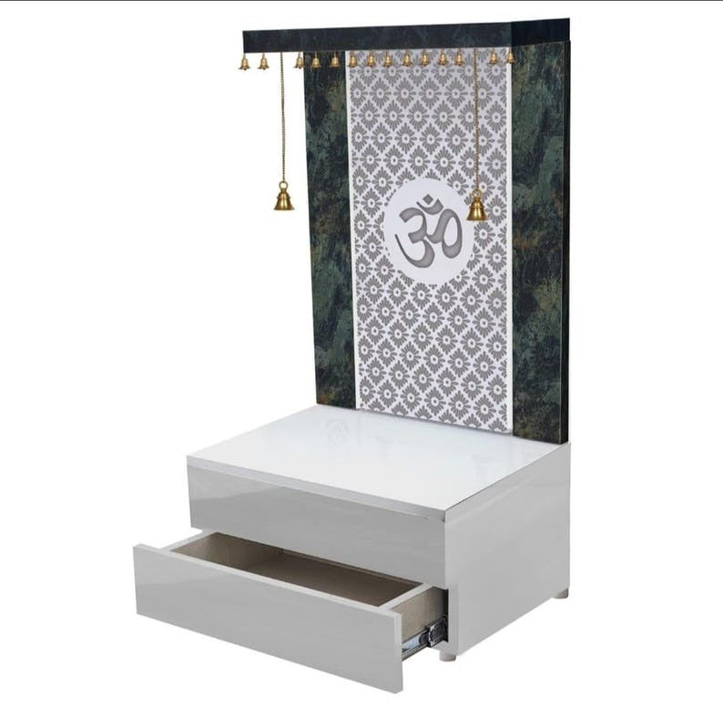 Elegant Wooden Temple with Om Cutwork and Dual Storage Drawers