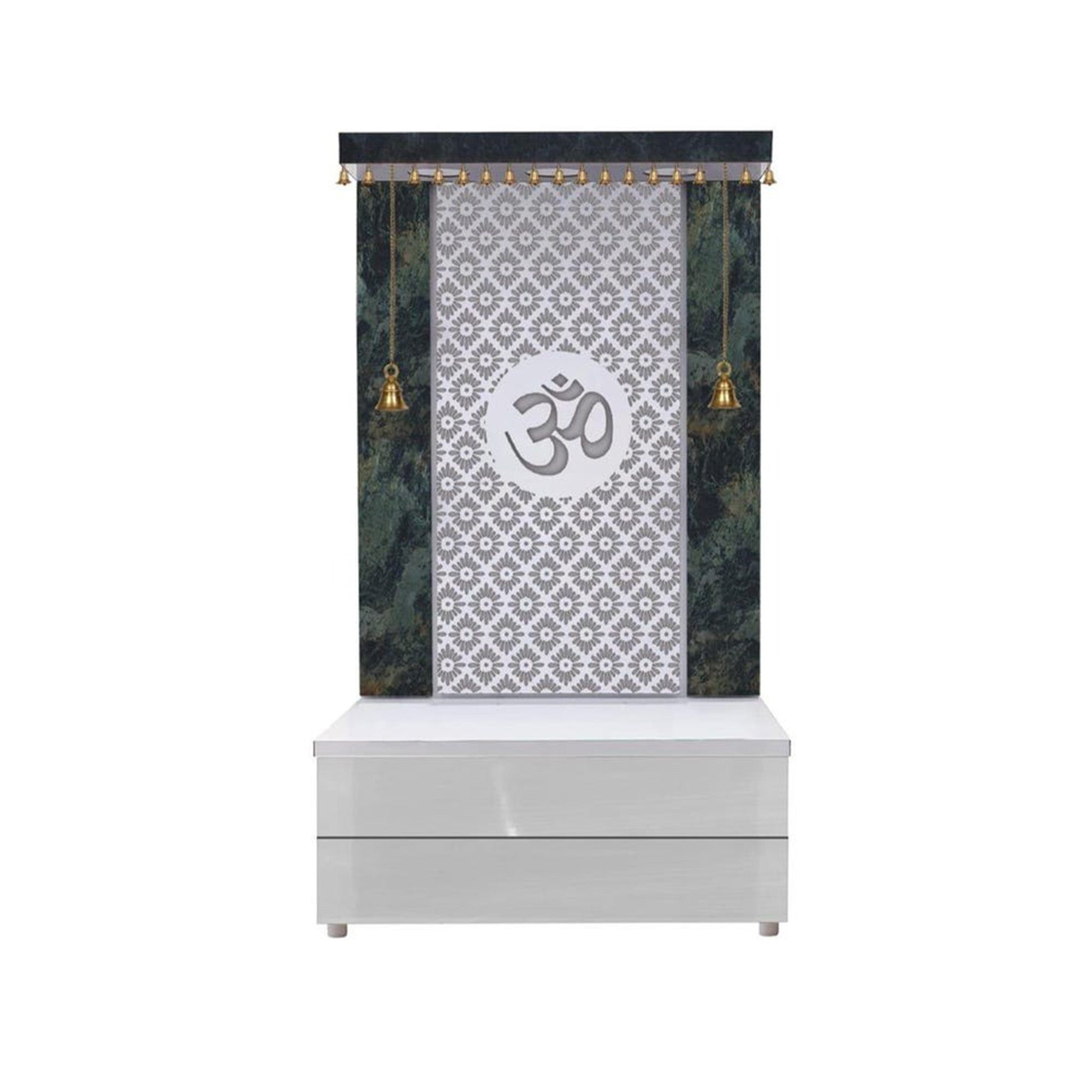 Elegant Wooden Temple with Om Cutwork and Dual Storage Drawers