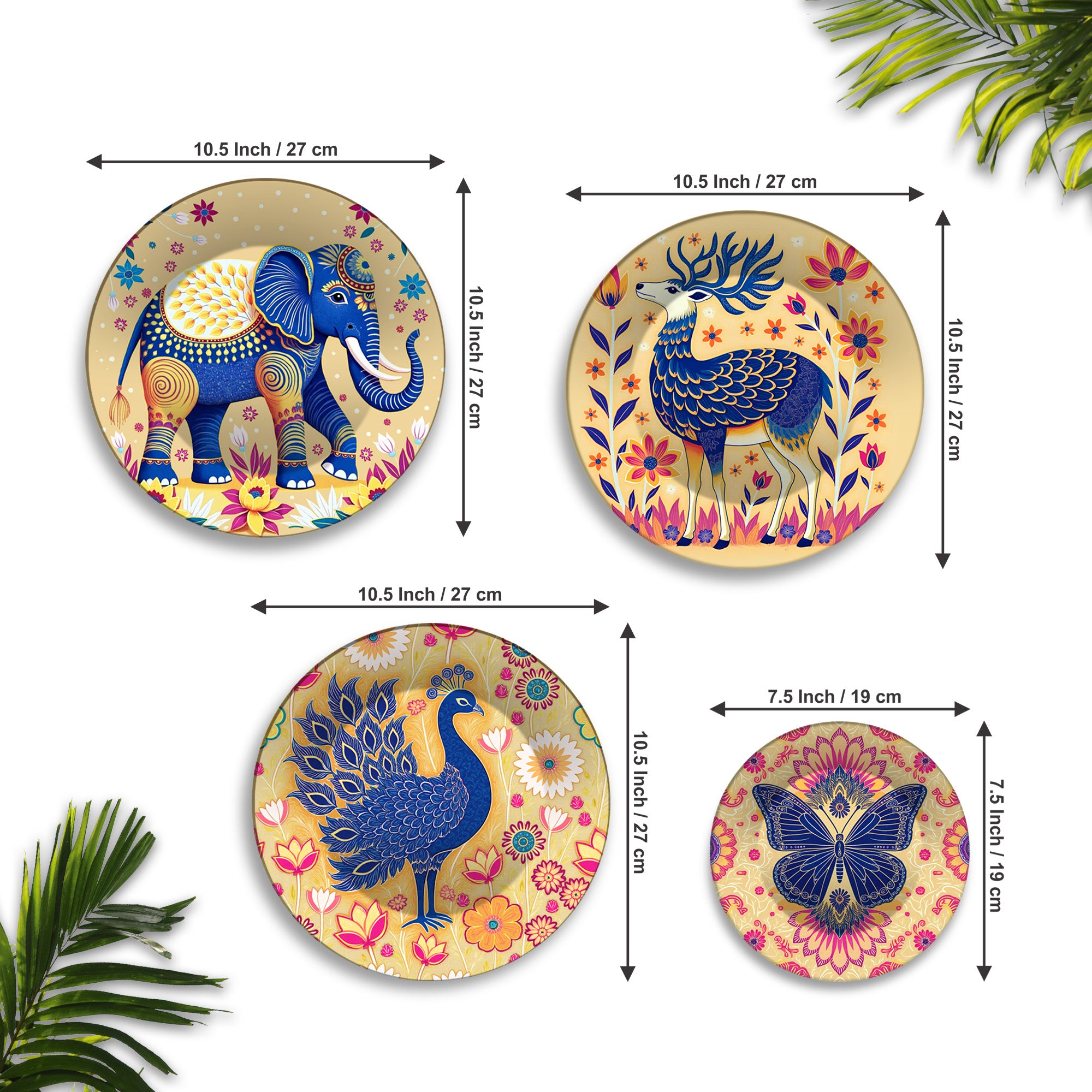 Elephant, Peacock & Butterfly Premium Wall Plates Painting Set of Four