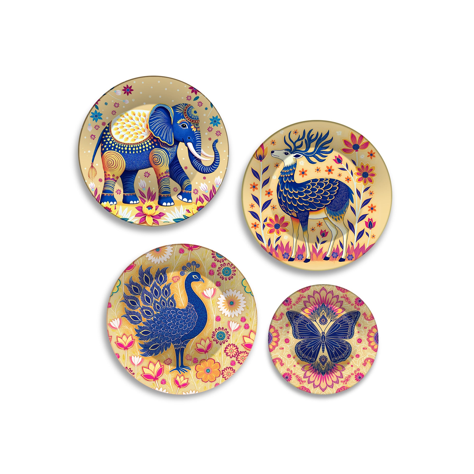 Elephant, Peacock & Butterfly Premium Wall Plates Painting Set of Four