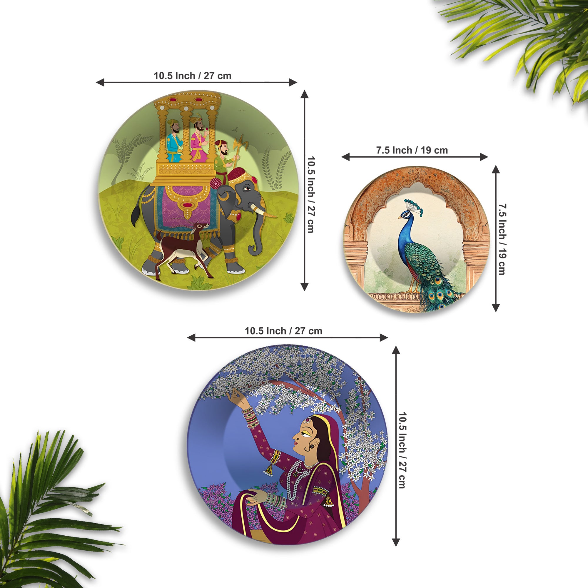 Elephant Ride Peacock & Lady Premium Wall Plates Painting Set of 3