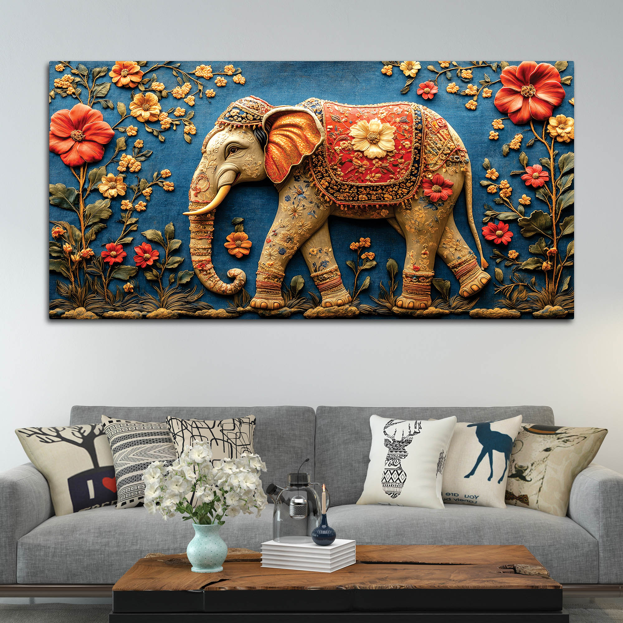 Ethnic Elephant Wall Art Premium Canvas Wall Painting
