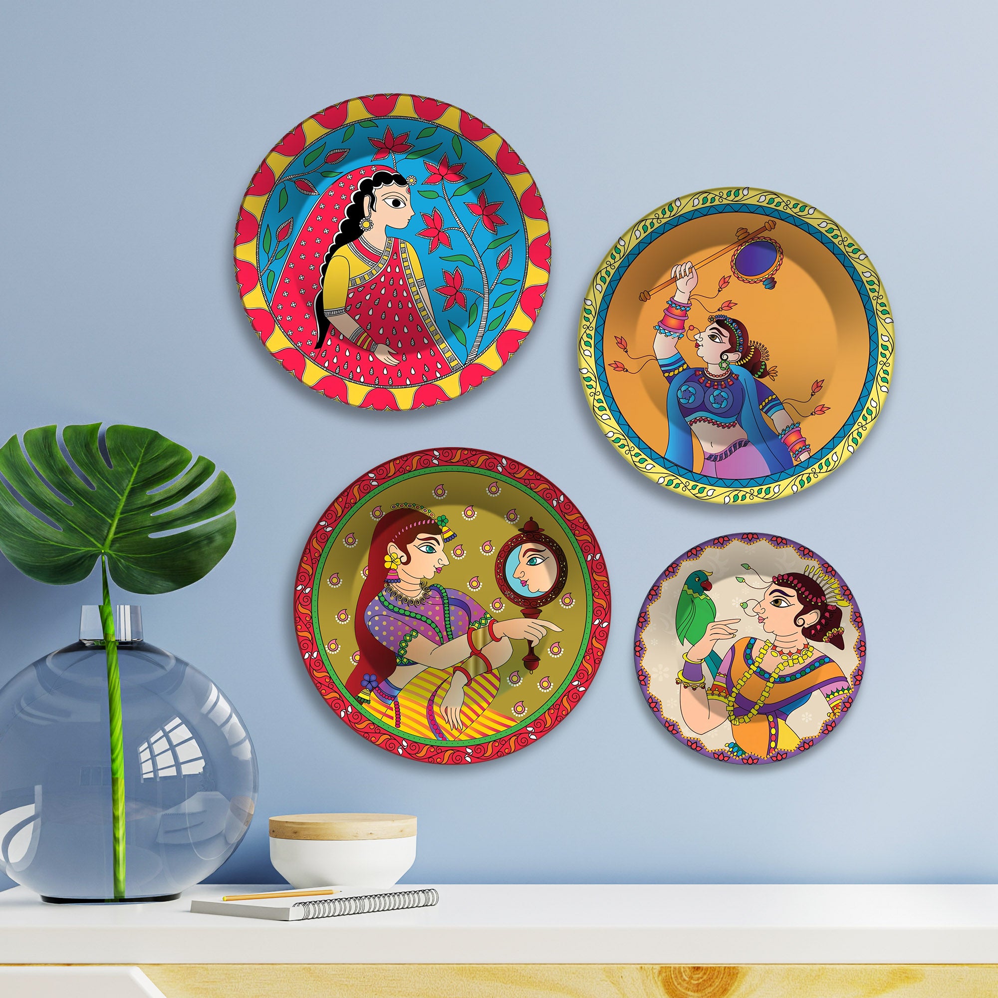 Ethnic Folk Rajasthani Women Premium Wall Plates Painting Set of Four