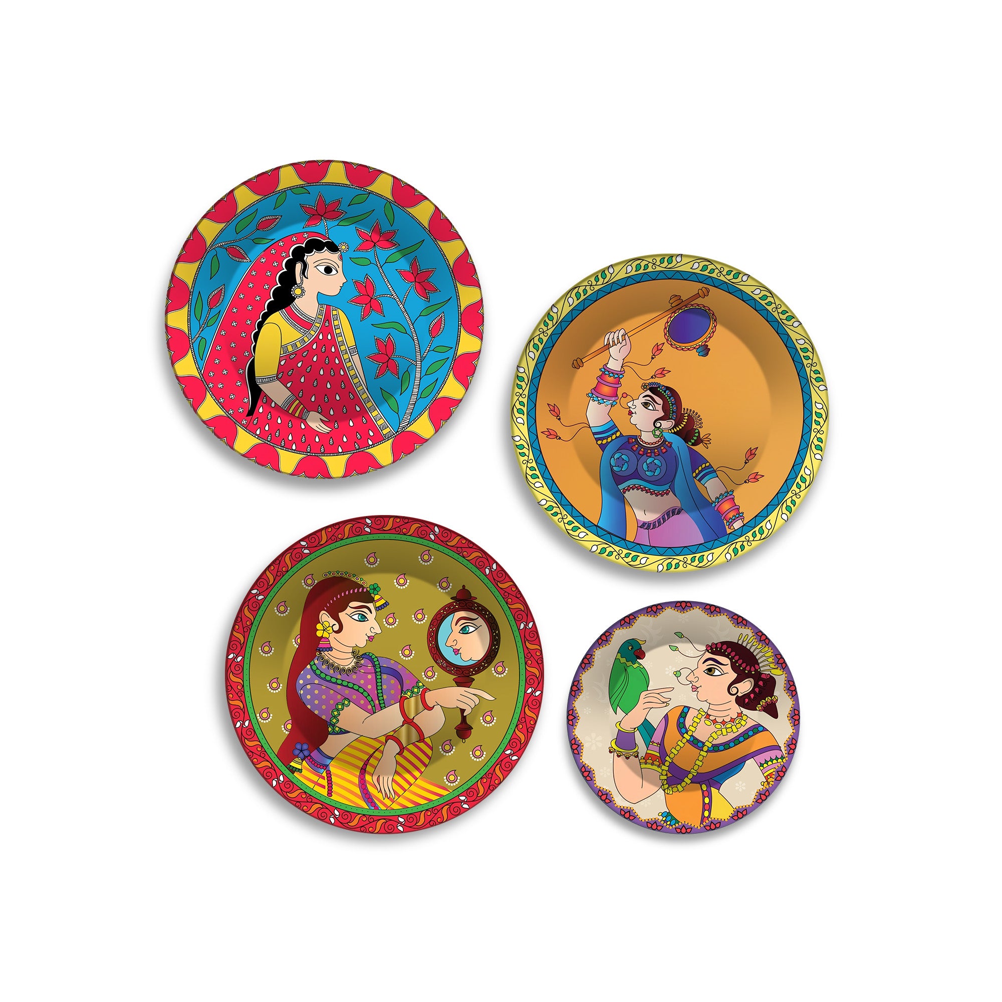 Ethnic Folk Rajasthani Women Premium Wall Plates Painting Set of Four