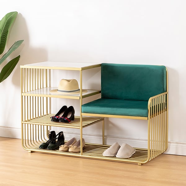 Faux Marble Green Velvet Modern Bench with Shoe Rack
