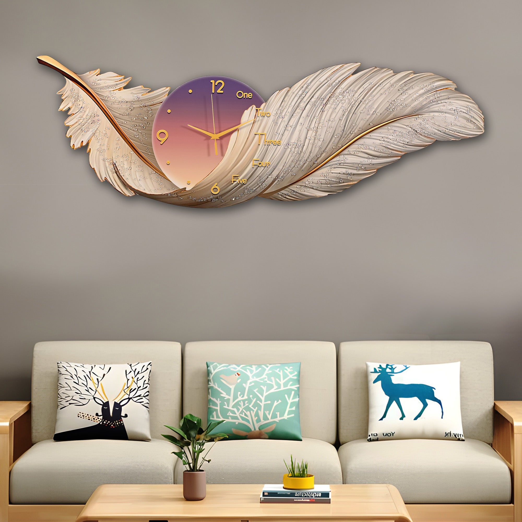 Feathered Elegance Crystal Glass Backlit LED Painting with Clock