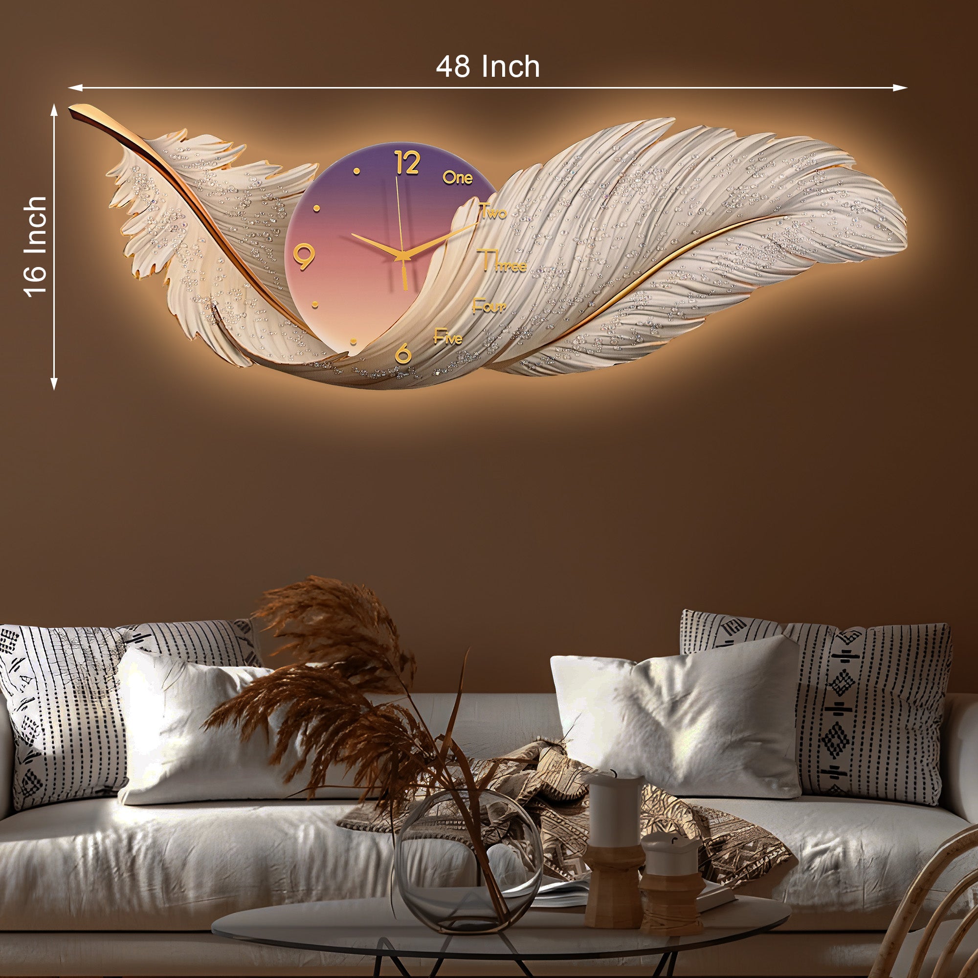 Feathered Elegance Crystal Glass Backlit LED Painting with Clock