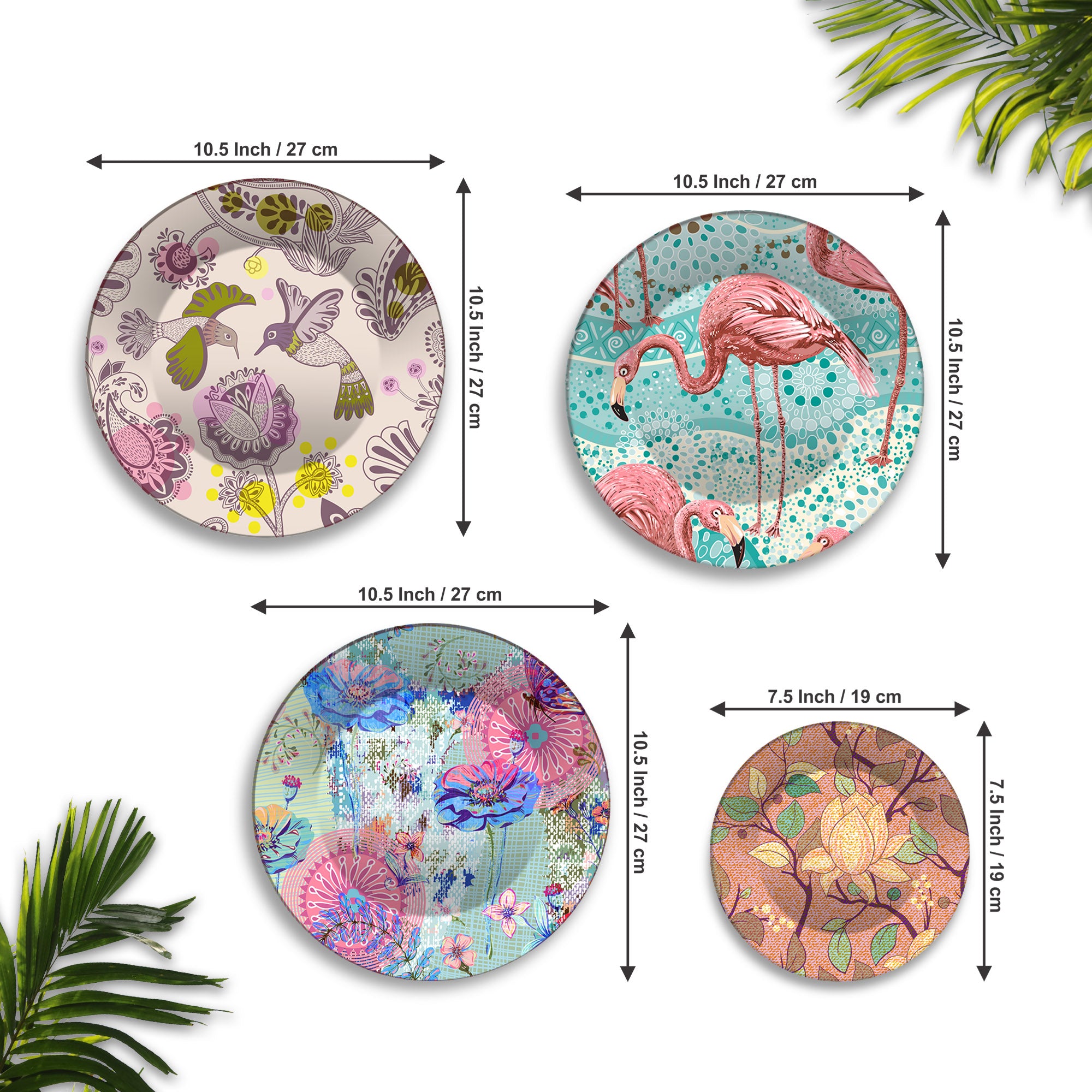 Flamingo & Floral Designer Premium Wall Plates Painting Set of Four