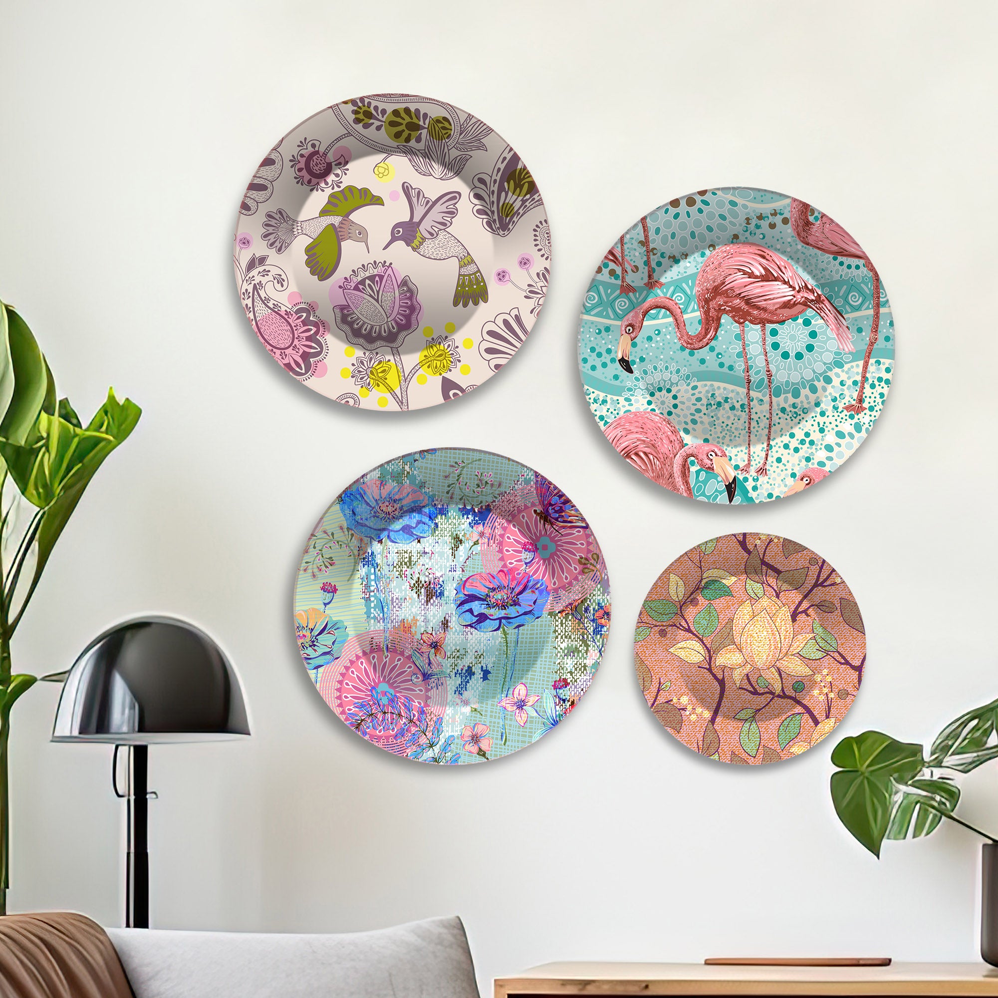 Flamingo & Floral Designer Premium Wall Plates Painting Set of Four