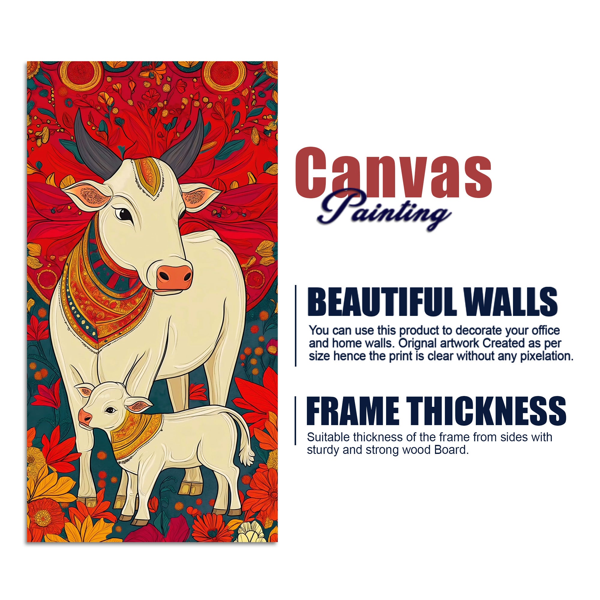 Floral Cow & Calf Canvas Wall Painting | Sacred Indian Décor