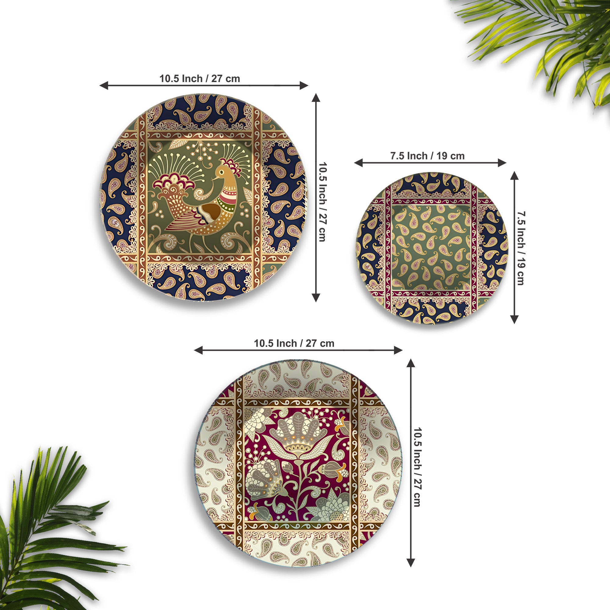 Floral & Folk Textile Motifs Premium Wall Plates Painting Set of 3